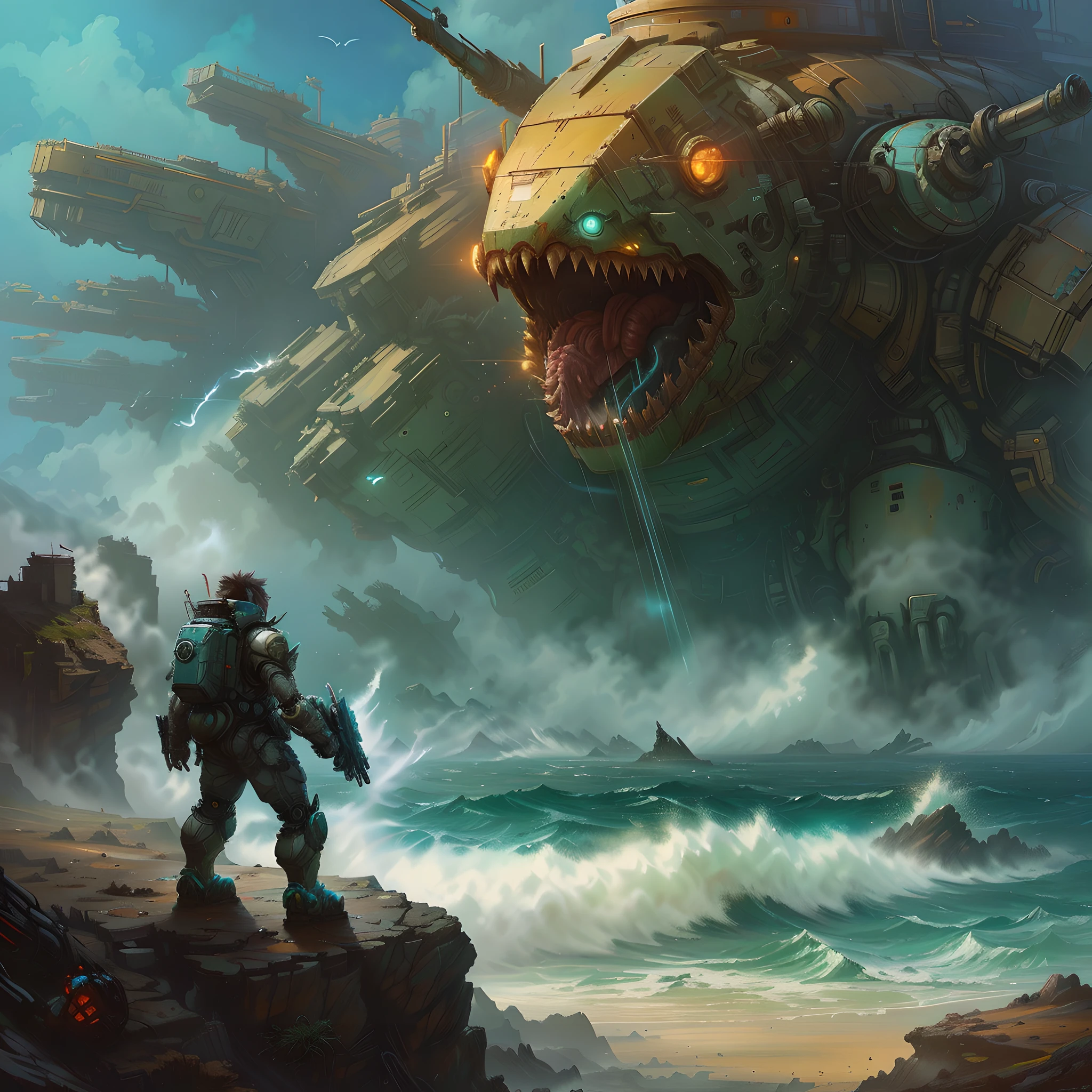 There was a man standing on a cliff looking at a huge monster, seapunk mecha, wojtek fus, pacific-rim-mech in background, epic fantasy sci fi illustration, Science fiction fantasy art, zoids art, craig mullins greg rutkowski, epic scifi fantasy art, detailed sci-fi art, sci-fi artwork, pino daeni and dan mumford
