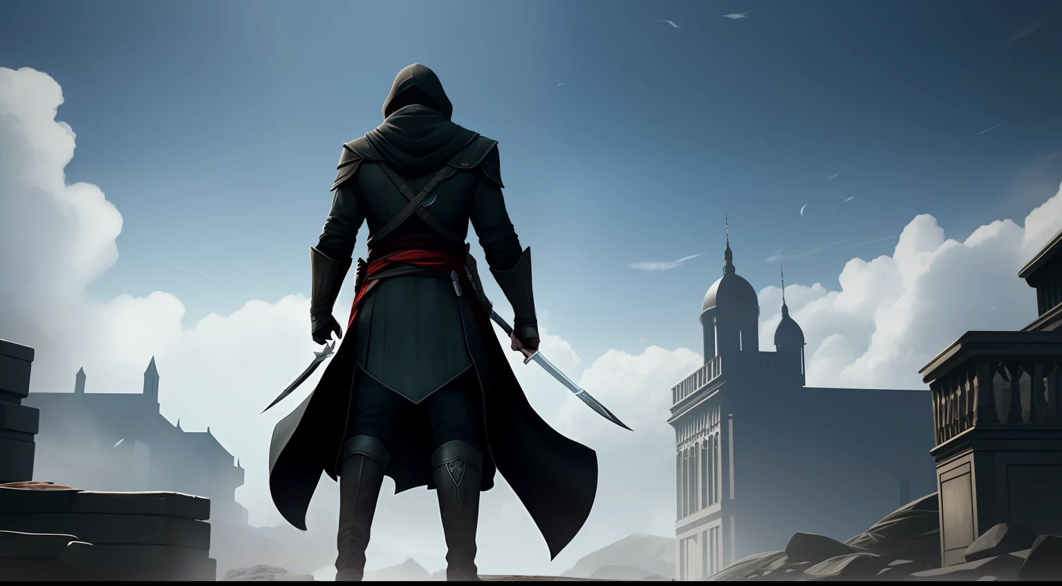A single cartoon picture of assassin Creed in black hoodie and black cloths facing front