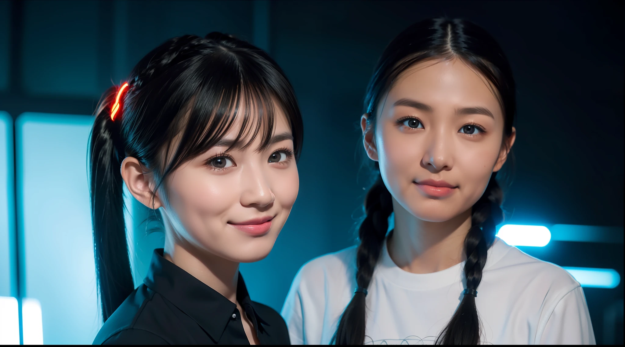 Black hair, braidedponytail, Low Twin Tails, Hair Bow, eyeball, Glowing eyes, Smile, High detail, Cubist futurism, Realism, Chiaroscuro, Ray tracing, Atmospheric perspective, Sony FE GM, Textured skin, Anatomically correct, High details, Super detail, Best quality