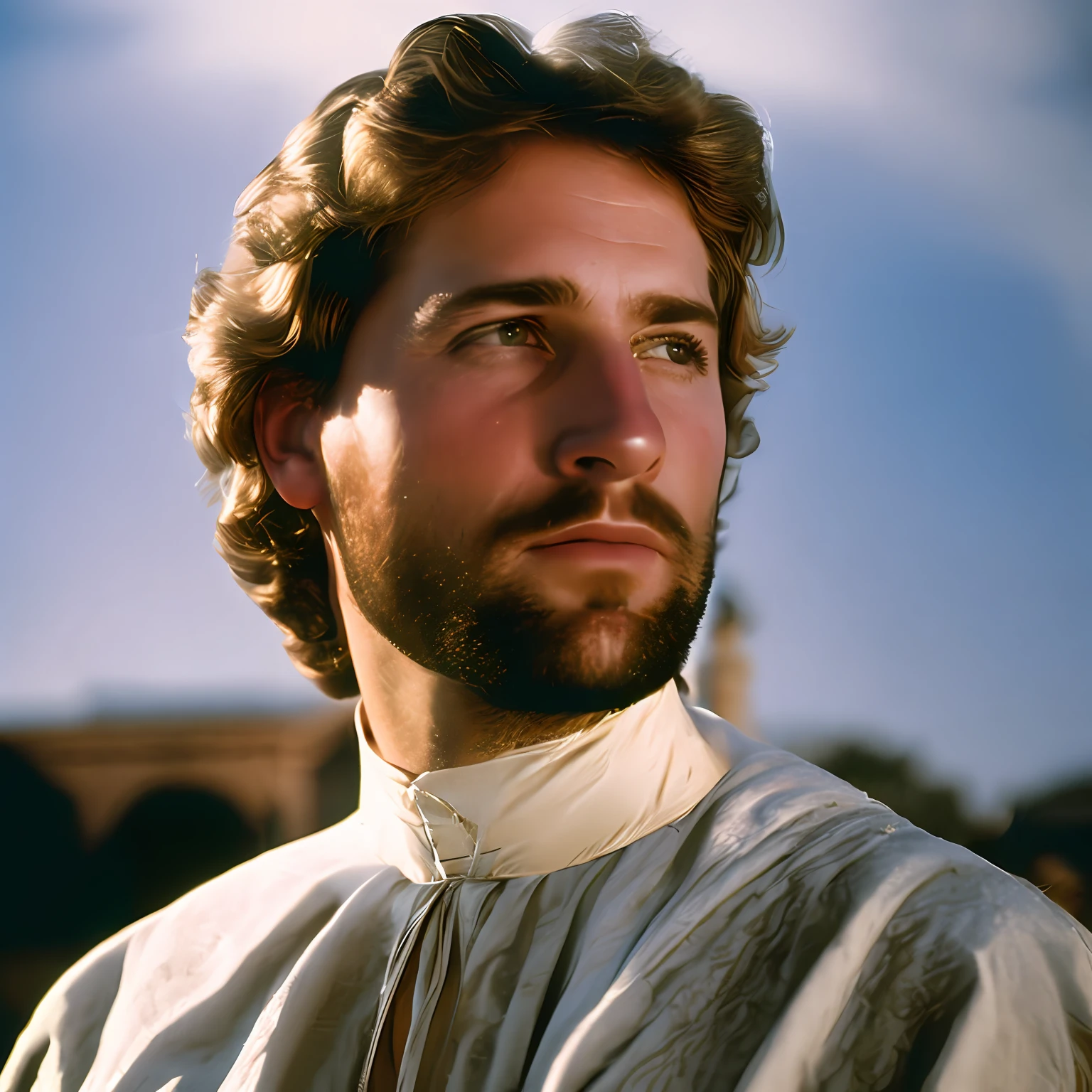 Portrait of the king of the BIBLE DAVID CROWN ON HEAD , homem judeu ruivo, belos olhos, cabelos ruivos, com roupa de rei, idade 25 anos, with a palace in the background on a radiant day, cinemactic, with sharp facial features, lentes 35 mm, f/ 1.8, highlight lighting,-- Global Illumination--High Light--V4