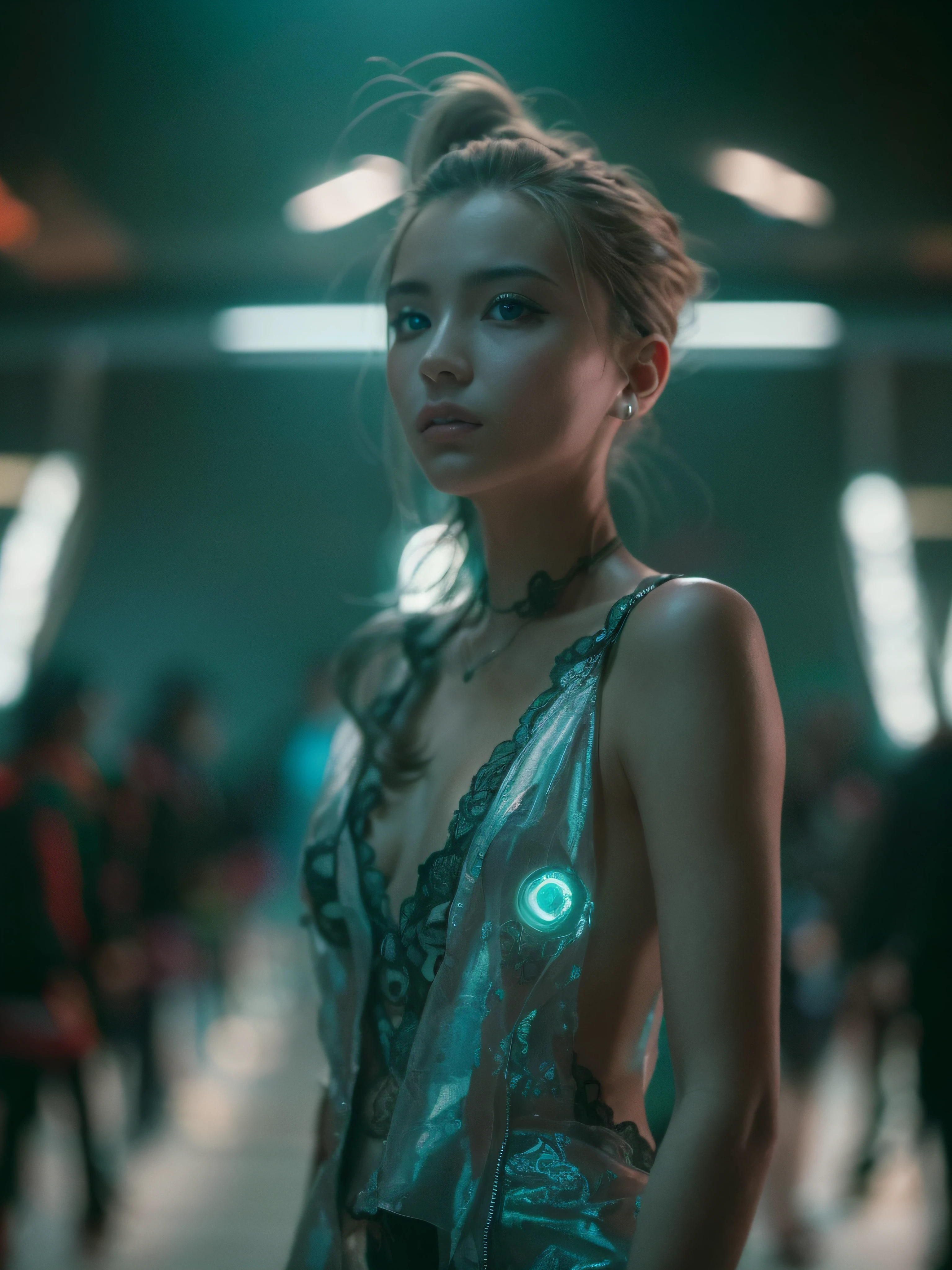 RAW photo,  a fashion model, walk on runway, cyberpunk fashion, (photo-realistic:1.5), (RAW photo, 8k uhd, film grain), extremely delicate and beautiful, highres, sharp focus, extremely detailed, masterpiece, cinematic lighting, (high detailed skin:1.2), dslr, soft lighting, high quality, film grain, Fujifilm XT3