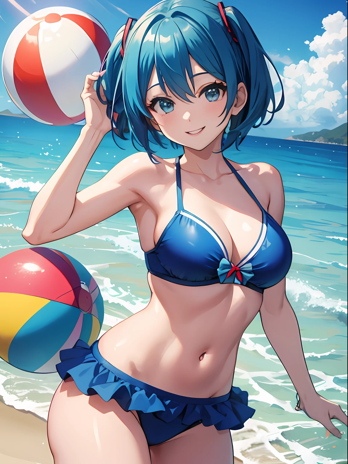 sing、icons、Blue-haired、girl with、short-hair、sano、A smile、Anime style,Fashionable swimwear,Southland,beach balls,miku hatsune