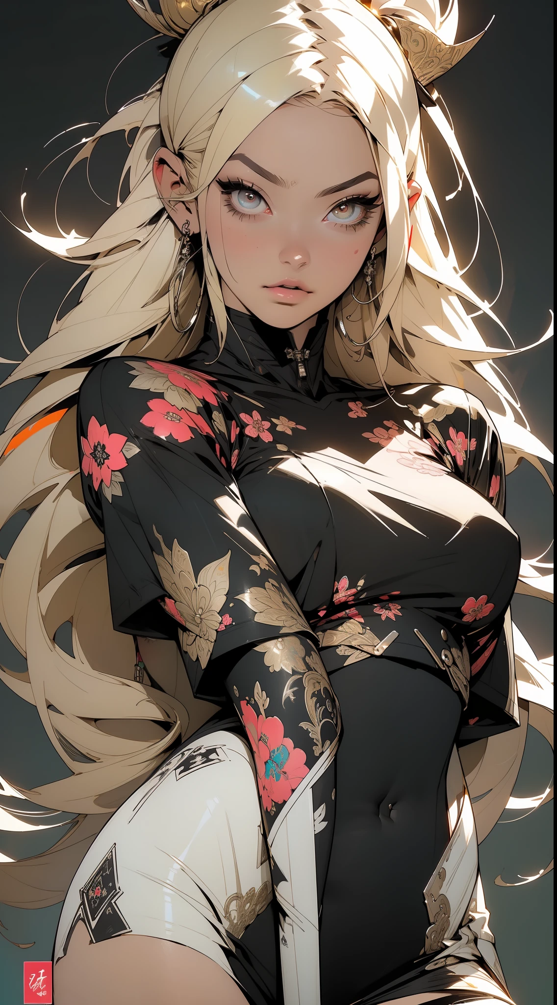 background, mixed-language_text, Japanese letters in graffit, girls, long blonde hair, excellent lighting, sidelighting, perfect ultimate (flat color: 1.3), (magazine_cover: 1.4), (multicolored_background: 1.3), striped_background, card_background, :: discs with sharp and shiny blades in the hand :: circular pieces of white metals glued to the ultra detailed arms coming out sparkling glow, black star design stamped in the middle of the shirt , perfect and detailed, ultra detailed shirt with abstract design and with Japanese letter print in graffiti on the sides of the clothes, image of girls with big breast, on top of a futuristic motorcycle, with immersive effects, hover effect, background graffiti style tribal tattoo with flowers and vibrant colors, "ultra HDR" detailed and with focus effect, (masterpiece: 1.2, best quality), (beautiful eyes with huge eyelashes finely detailed: 1.2), , ((Solo)), (Finely detailed eyes and detailed face :1.3), in various full-body attack poses, (cute background: 1.2),futuristic costume, super detailed circular metals Grabbed on arms and pants, fantastic paintings