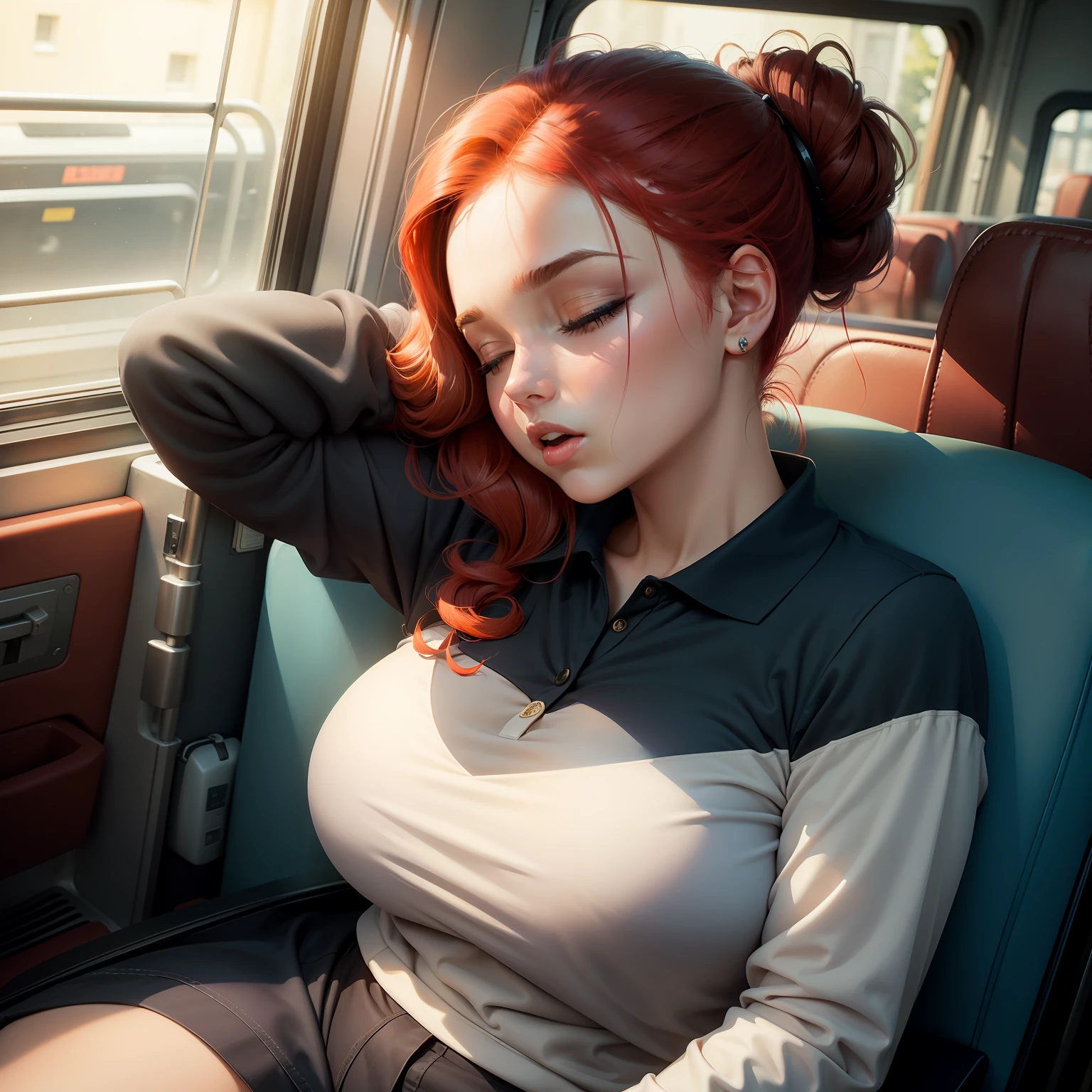 1 beautiful woman, sleeping with her mouth open, lips open, sleeping sitting on the bus seat, red hair, all hair tied up with a hair clip in a single bun, black long-sleeved polo shirt with little gold circles on the shoulders, wide neckline polo shirt, blue bag, curvy woman; chubby woman, outlined eyes, blue jeans, eyes closed, head resting on seat, sitting near window, head raised up