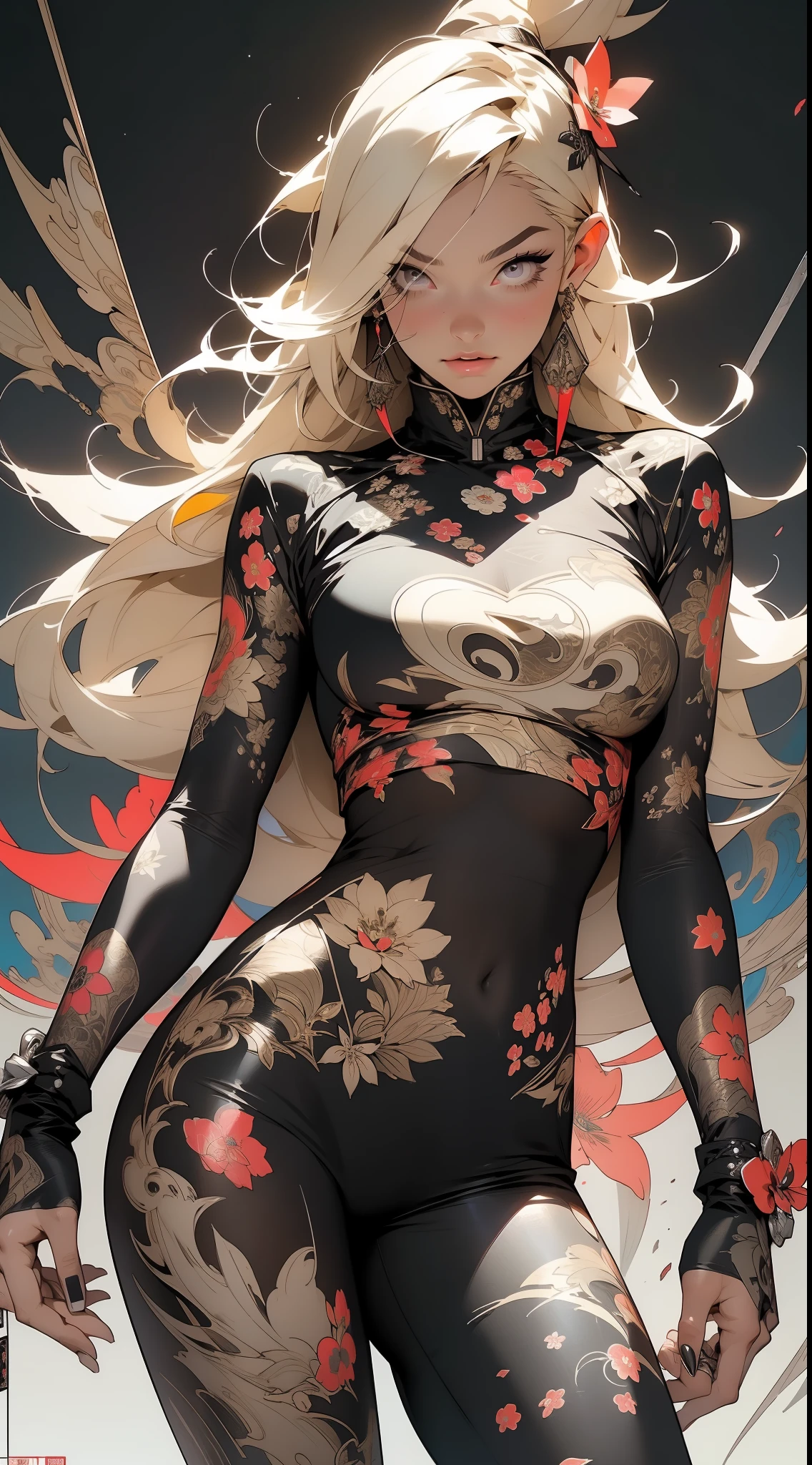 background, mixed-language_text, Japanese letters in graffit, girls, long blonde hair, excellent lighting, sidelighting, perfect ultimate (flat color: 1.3), (magazine_cover: 1.4), (multicolored_background: 1.3), striped_background, card_background, :: discs with sharp and shiny blades in the hand :: circular pieces of white metals glued to the ultra detailed arms coming out sparkling glow, black star design stamped in the middle of the shirt , perfect and detailed, ultra detailed shirt with abstract design and with Japanese letter print in graffiti on the sides of the clothes, image of girls with big breast, on top of a futuristic motorcycle, with immersive effects, hover effect, background graffiti style tribal tattoo with flowers and vibrant colors, "ultra HDR" detailed and with focus effect, (masterpiece: 1.2, best quality), (beautiful eyes with huge eyelashes finely detailed: 1.2), , ((Solo)), (Finely detailed eyes and detailed face :1.3), in various full-body attack poses, (cute background: 1.2),futuristic costume, super detailed circular metals Grabbed on arms and pants, fantastic paintings