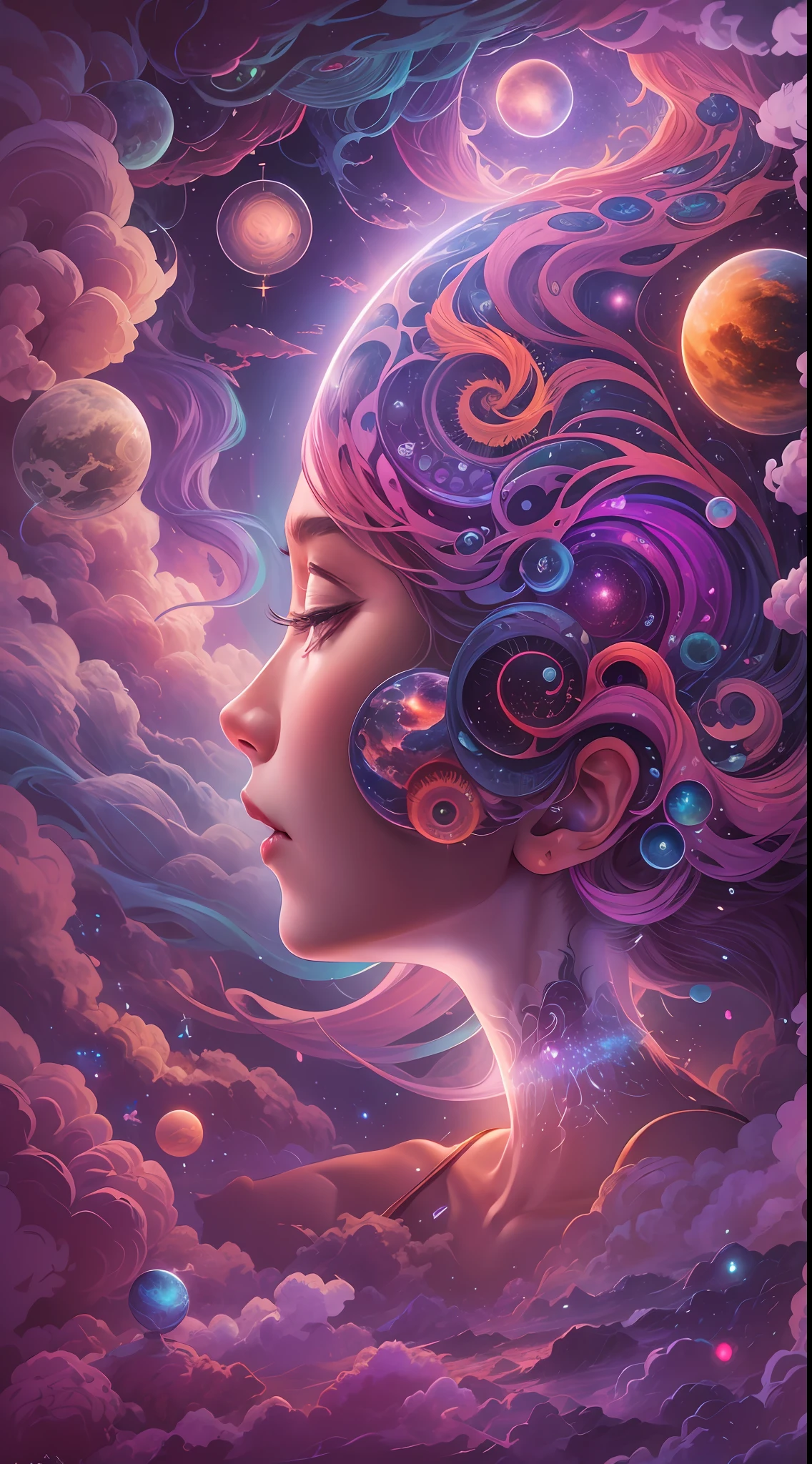 Obra maestra, 4k, Ultra Resolution, Best image resolution, Stunning illustration depicting a person's inner universe, mostrando sus pensamientos, Emotions and dreams in a surreal and magical landscape. Use vivid colors and meaningful symbols to reflect the complexity of the human mind.