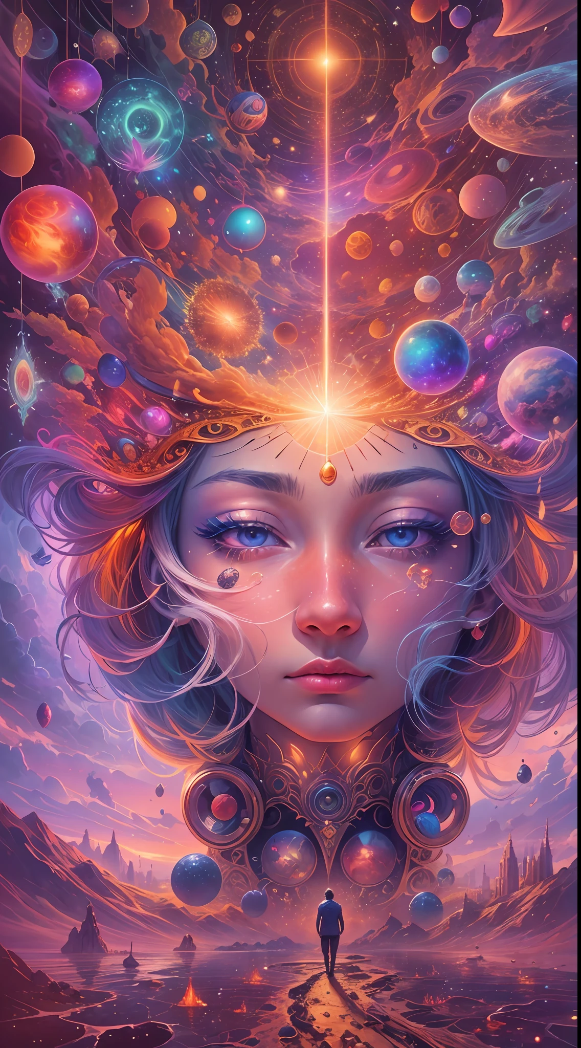 Obra maestra, 4k, Ultra Resolution, Best image resolution, Stunning illustration depicting a person's inner universe, mostrando sus pensamientos, Emotions and dreams in a surreal and magical landscape. Use vivid colors and meaningful symbols to reflect the complexity of the human mind.