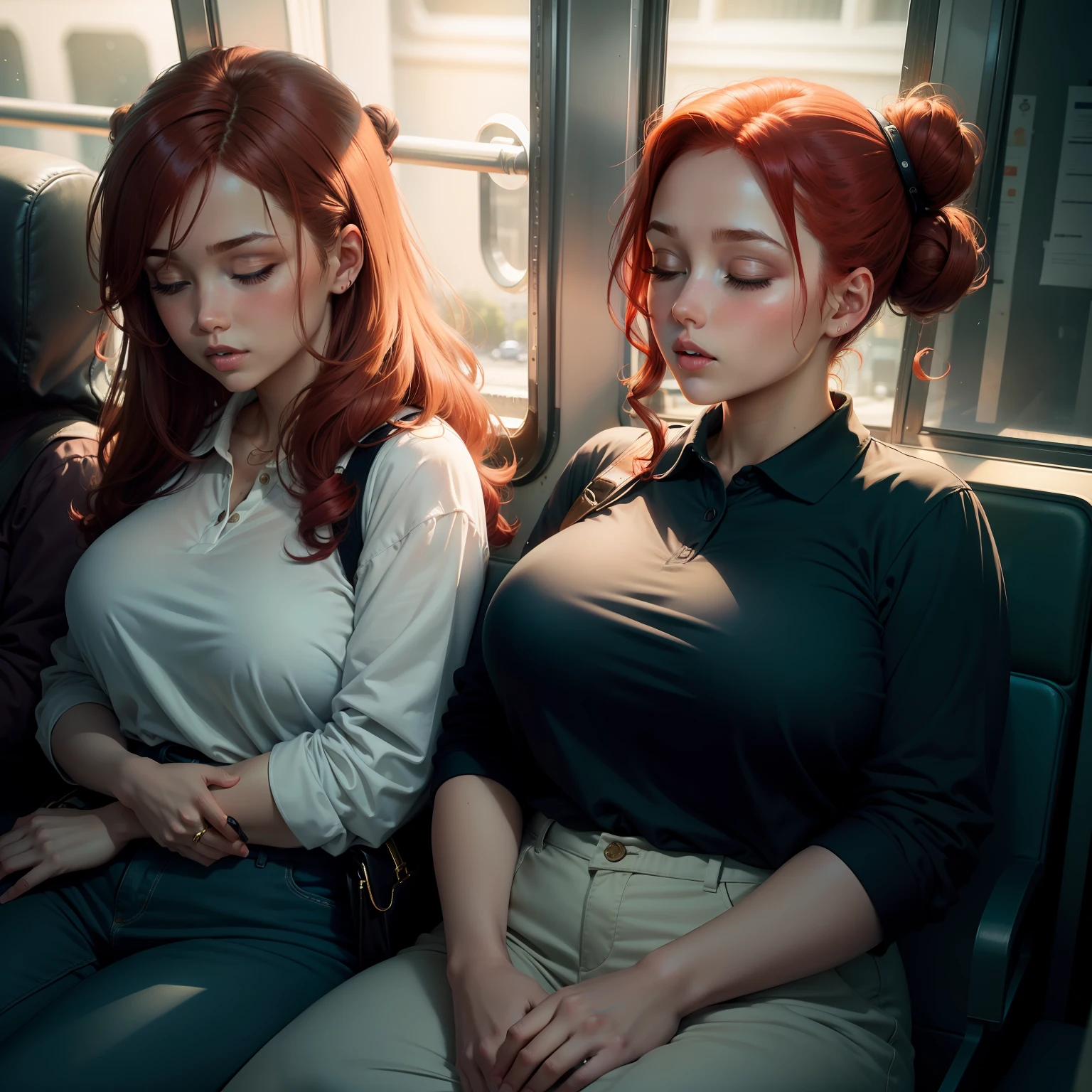 1 beautiful woman, sleeping with her mouth open, lips open, sleeping sitting on the bus seat, red hair, all hair tied up with a hair clip in a single bun, black long-sleeved polo shirt with little gold circles on the shoulders, wide neckline polo shirt, blue bag, curvy woman; chubby woman, outlined eyes, blue jeans, eyes closed, head resting on seat, sitting near window, head raised up