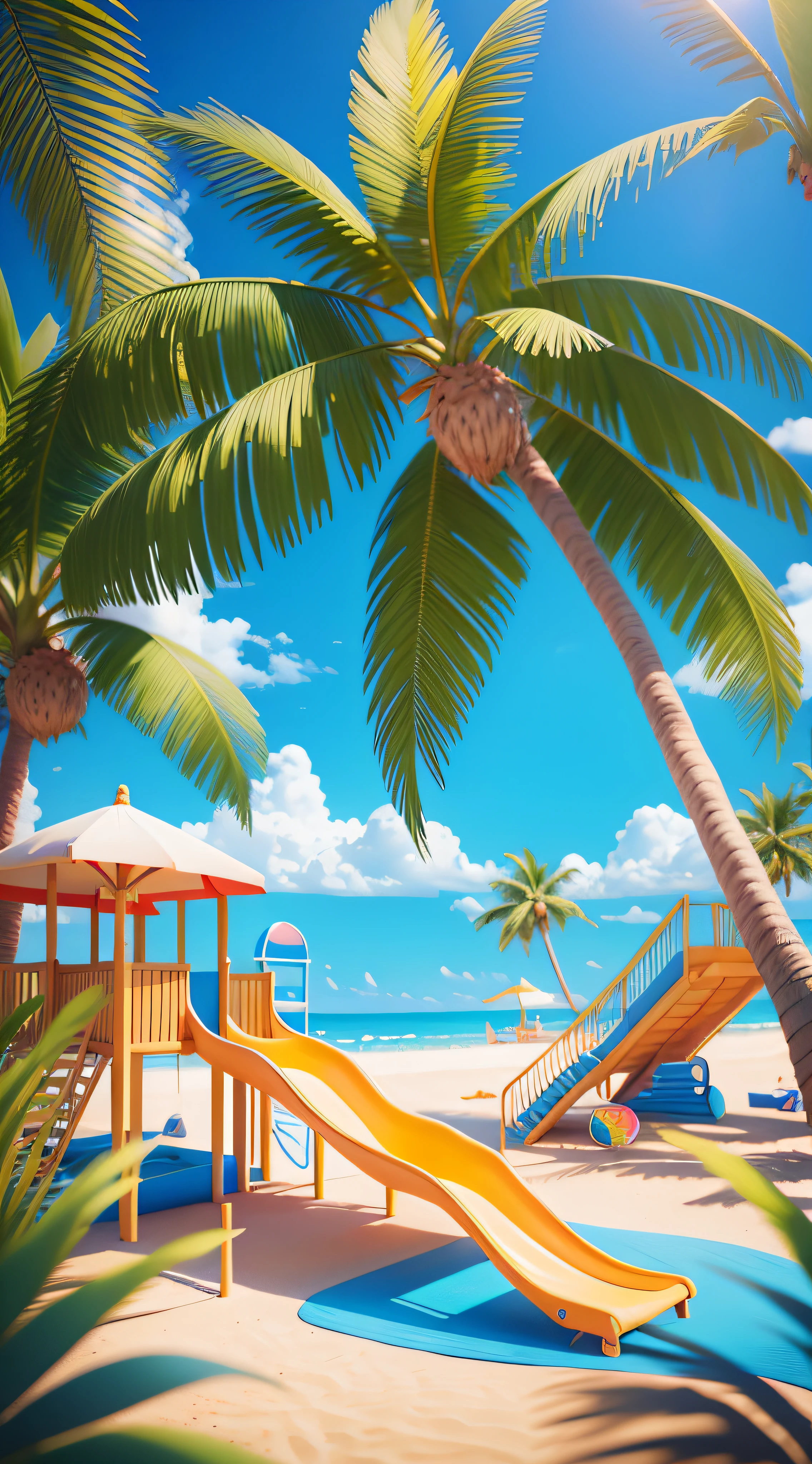 Colorful slides on palm trees and blue sky beach, best adobe stocks, sunny day on beach, realistic 3D style, realistic scene, stylized digital illustration, beautiful high resolution, beach background, blue slide park, beach setting, stylized to 3d rendering, water park, sunny day, photo realistic style, playground