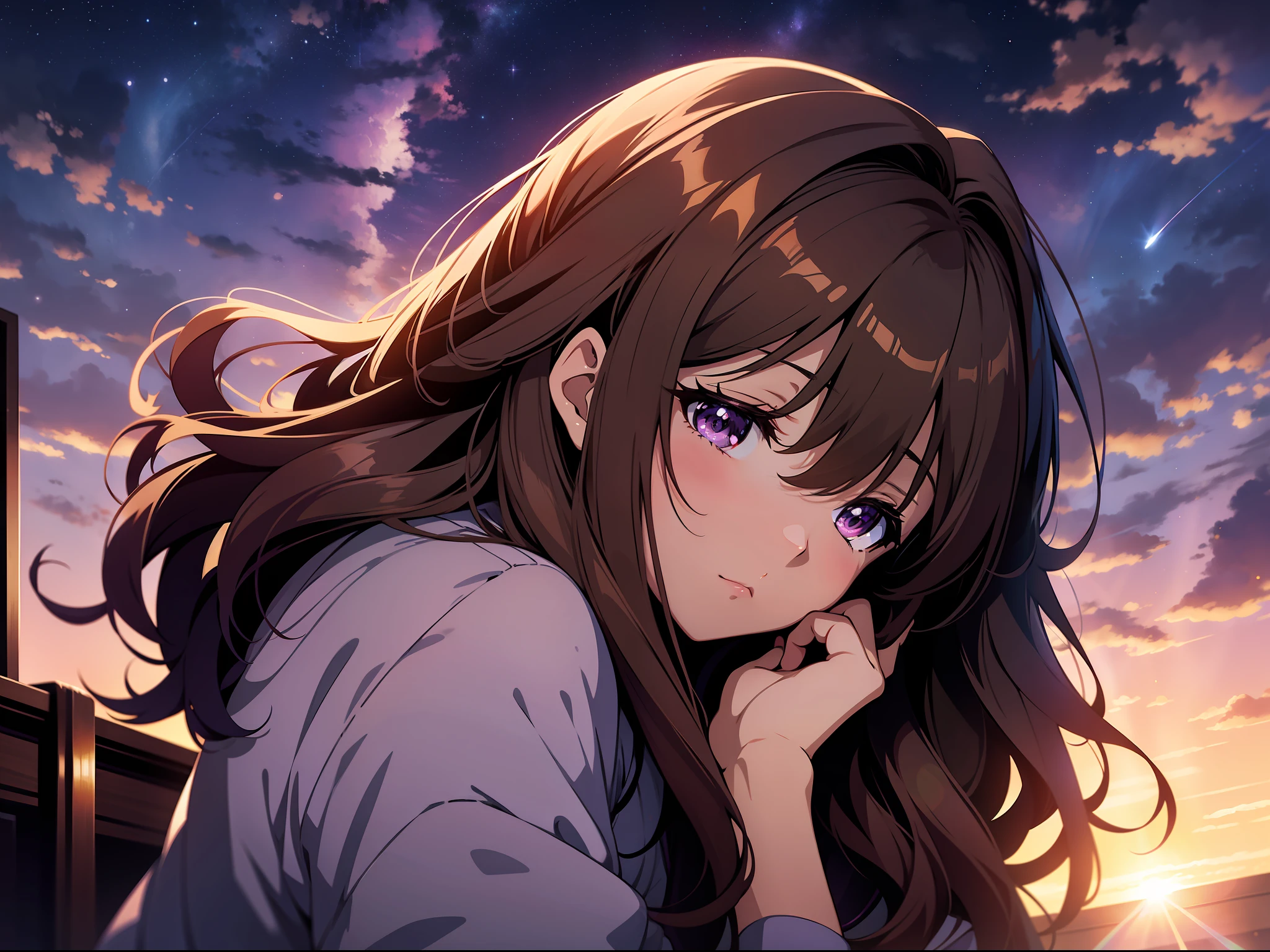 8K, Reina Kousaka from Sound! Euphonium Anime series, Purple Night Sky, Green Night Clouds, Room, Lensflare, Sleepy