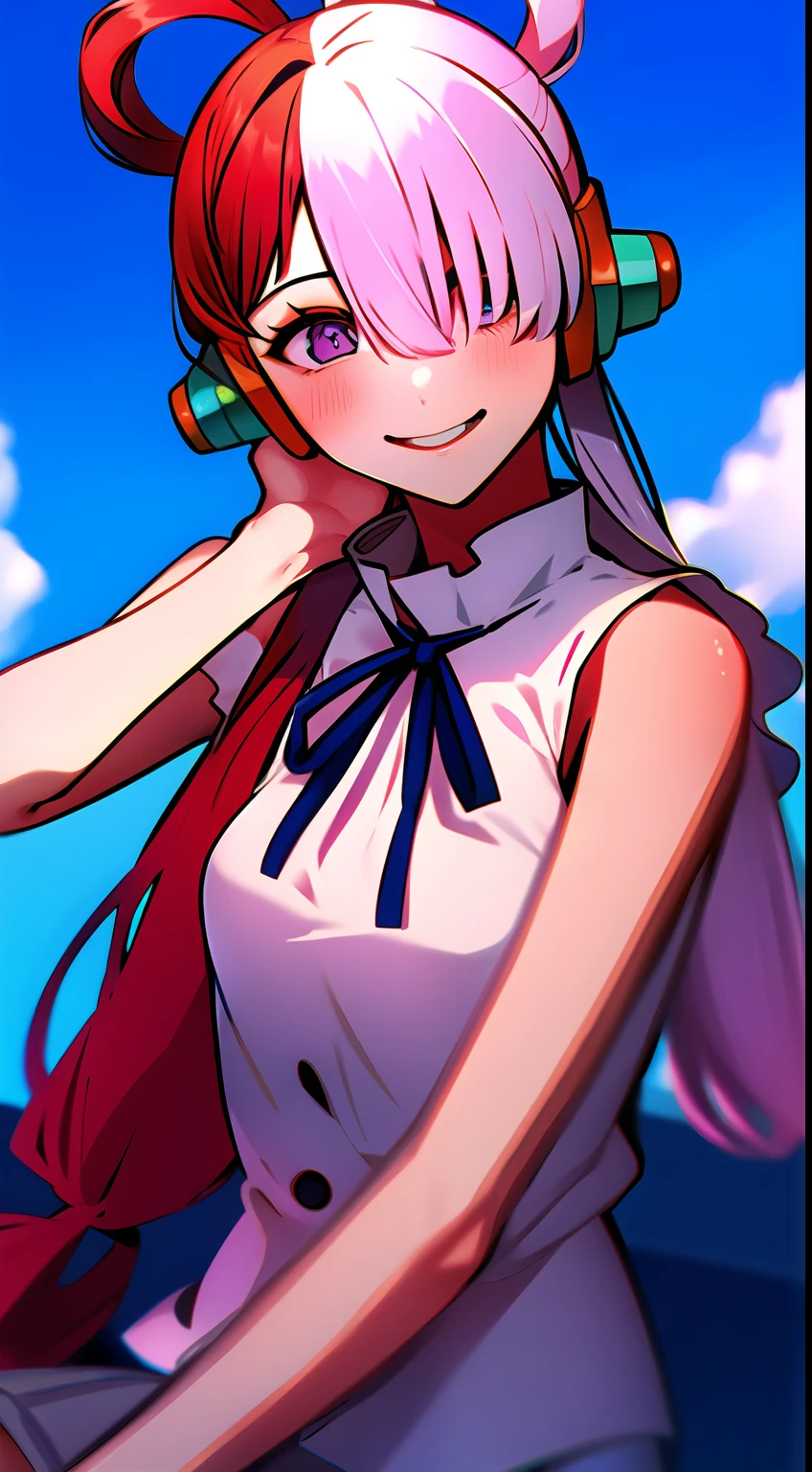 Uta \(Onepiece\),
  bangss, Blue Ribbon, diamond-shaped pupils,  Hair between the eyes, head phone, length hair, O cabelo multicolorido,  a purple eye, red hairs, bow ribbon, The shirt,, sleeveless shirts, A smile, 独奏, split-colored hair,  white  hair, White shirt、cowboy  shot、blue-sky、On board