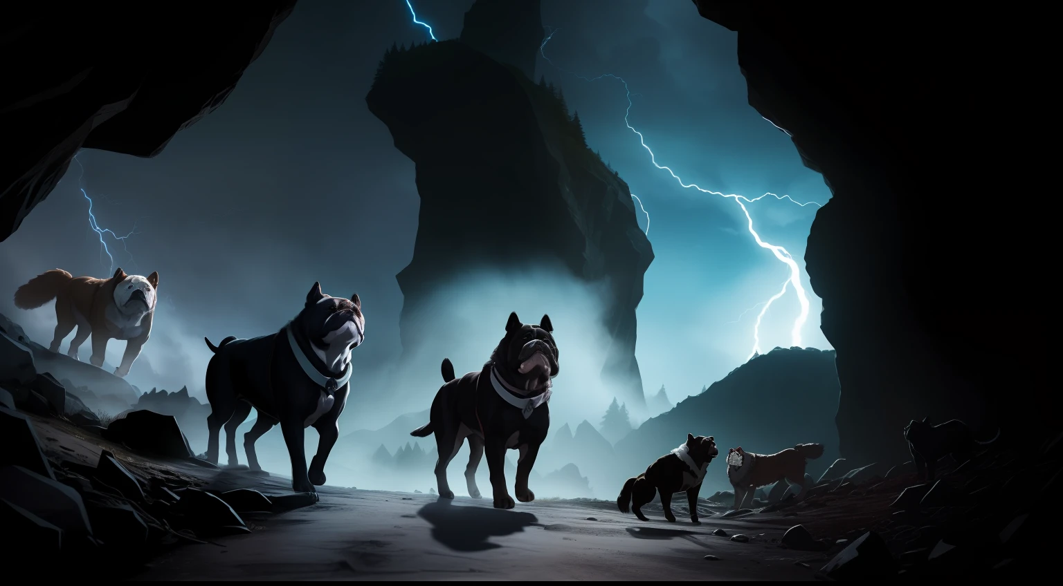bulldog, wolf, and ravens, all together, coming out of a cave, dark forest, lightning in background, high quality,
