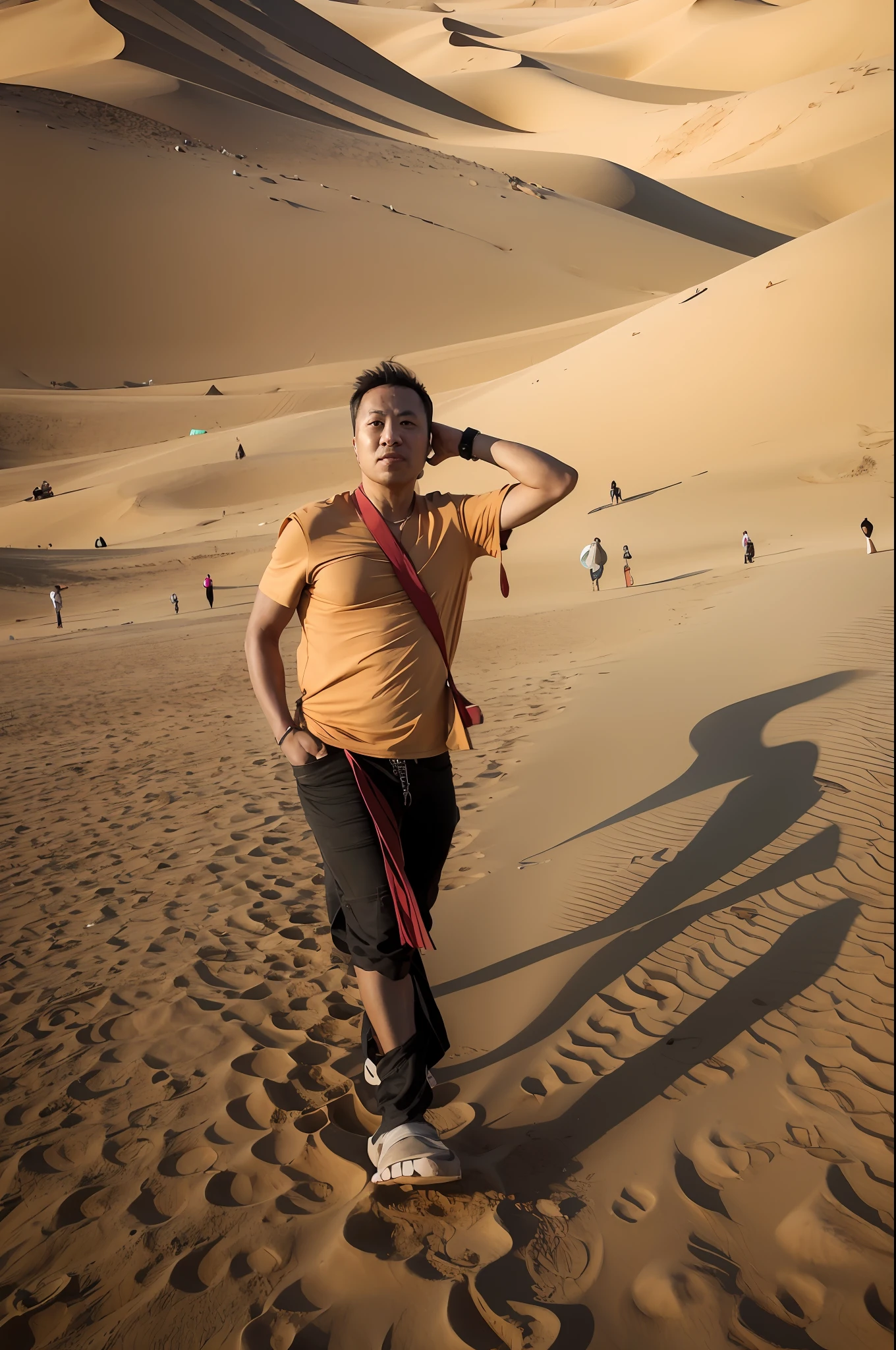 There was a man standing in the sand with a frisbee, in a desert, standing in desert, standing in sand, standing in desert, Standing in the desert, at the desert, inspired by Ding Yunpeng, in a desert, dunes in the background, dune style, Walk through the dunes, inspired by Tang Di, walking in a desert