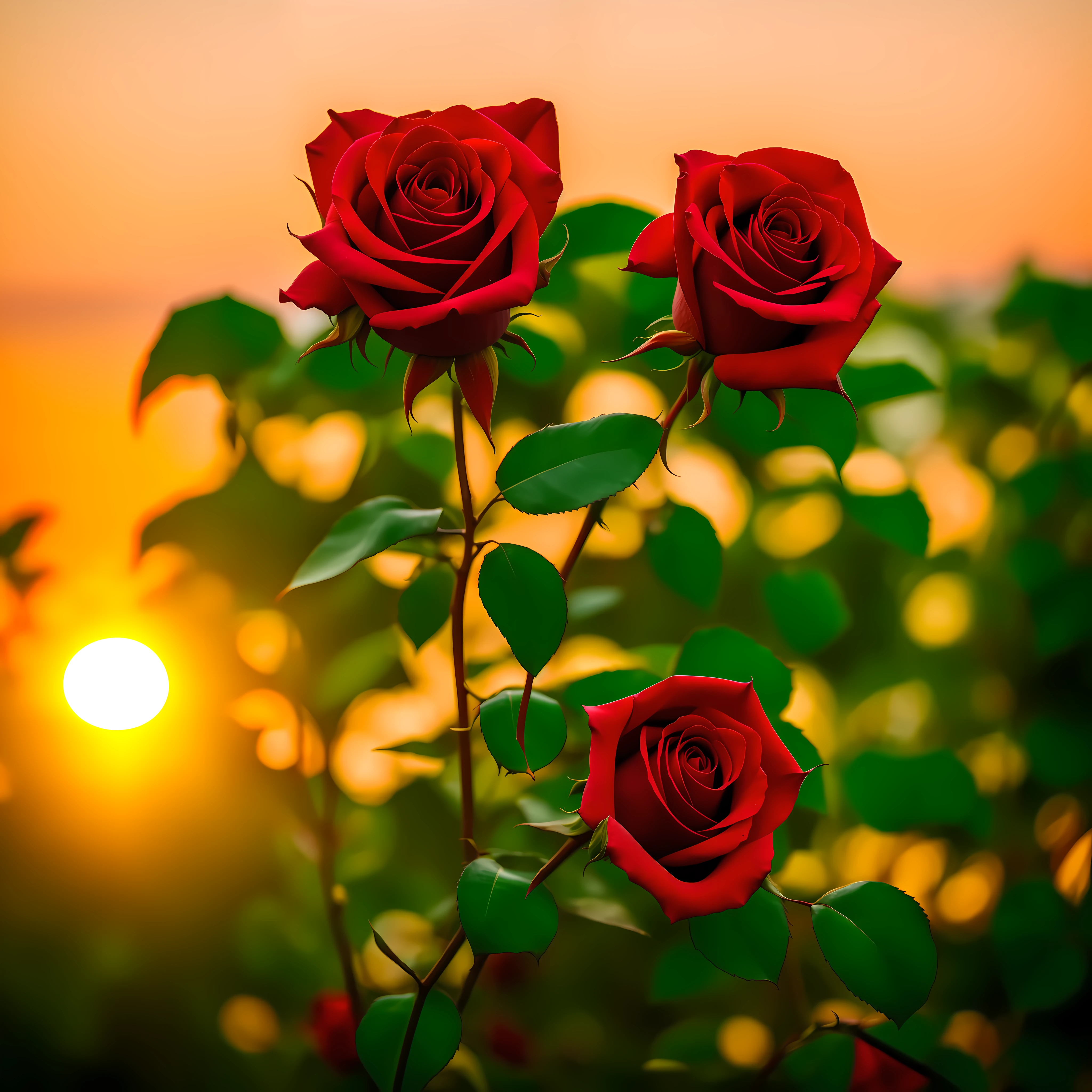 Beautiful red rose plant, focus on the rose,blur green background,sunset time, realistic, ultra hd