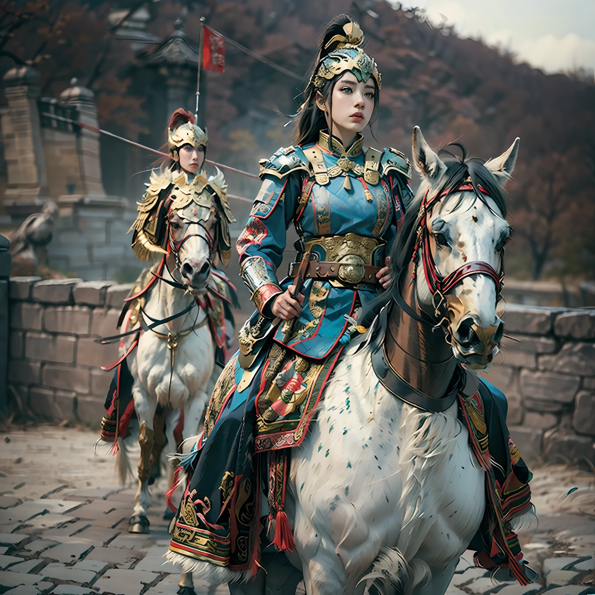 in a panoramic view，sportrait，photorealestic，Modern style，Blue sky, the great wall，3girl，Three American generals，Dressed in gorgeous golden Chinese armor，Golden helmet，Riding a black war horse，holding sabre，Stand in front of the Great Wall，Sharp eyes，professinal，Meistwick，commissioned，best qualtiy，color corrected，After fixation，Retouching，Improvement，Epic，Tone-mapping，the detail， highly  detailed， digitial painting， art  stations， Conceptual map of the long dam， Smoothness， Sharp focus， Beautiful illustration， photore， The light from the back window is backlighted， 动态照明， Mist， 复杂， cinematic grain， professinal， face to the viewer，（Beautiful m3d_woman， Perfect M3D_face,）， Volumetriclighting， subsurfacescattering， Good highlights， Good shadows， cinematic ligh
