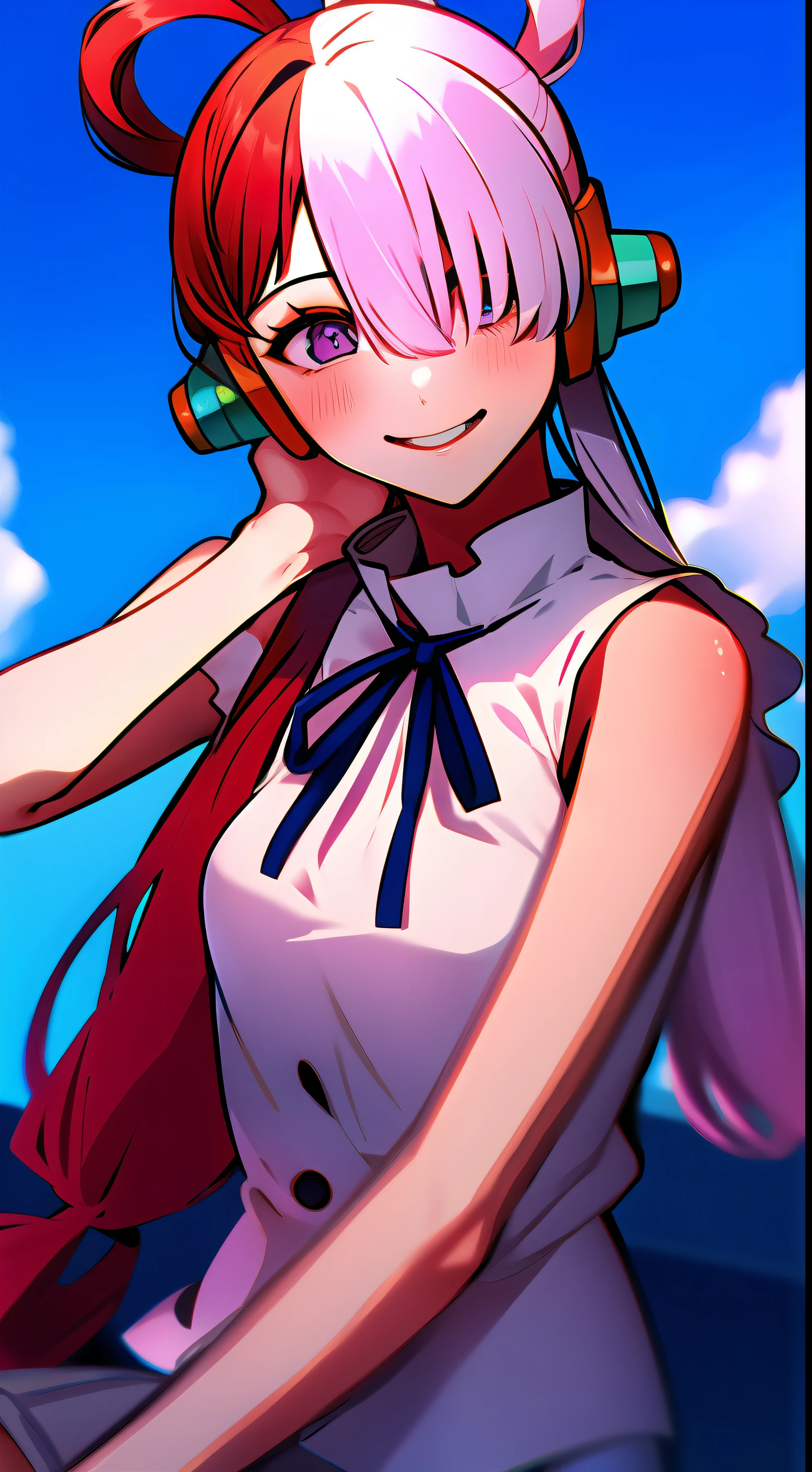 Uta \(Onepiece\),
bangss, Blue Ribbon, diamond-shaped pupils, Hair between the eyes, head phone, length hair, O cabelo multicolorido, a purple eye, red hairs, bow ribbon, The shirt,, sleeveless shirts, A smile, 独奏, split-colored hair, white hair, White shirt、cowboy shot、blue-sky、On board