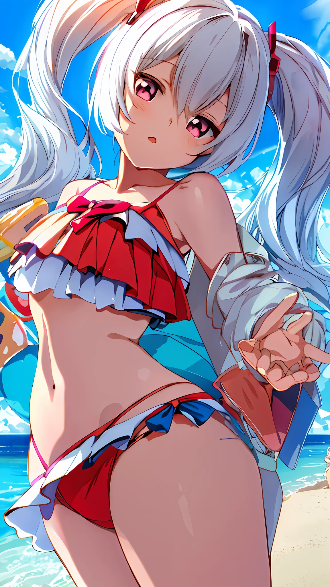 1girll,tmasterpiece,8K,Half realistic,4K,RTX,Shaders,brilliant texture work,Bikini anime girl posing on balcony,Cover your left hand,The background is the city, seductive anime girls, realistic bikini, small curvaceous , Ilya Kuvshinov. 4 k'', swimsuit, Anime moe art style, oppai, in a bathing suit, Smooth anime CG art, Oppein Proportions, in beach, thicc, Marin Kitagawa fanart,Left hand holding a rabbit doll