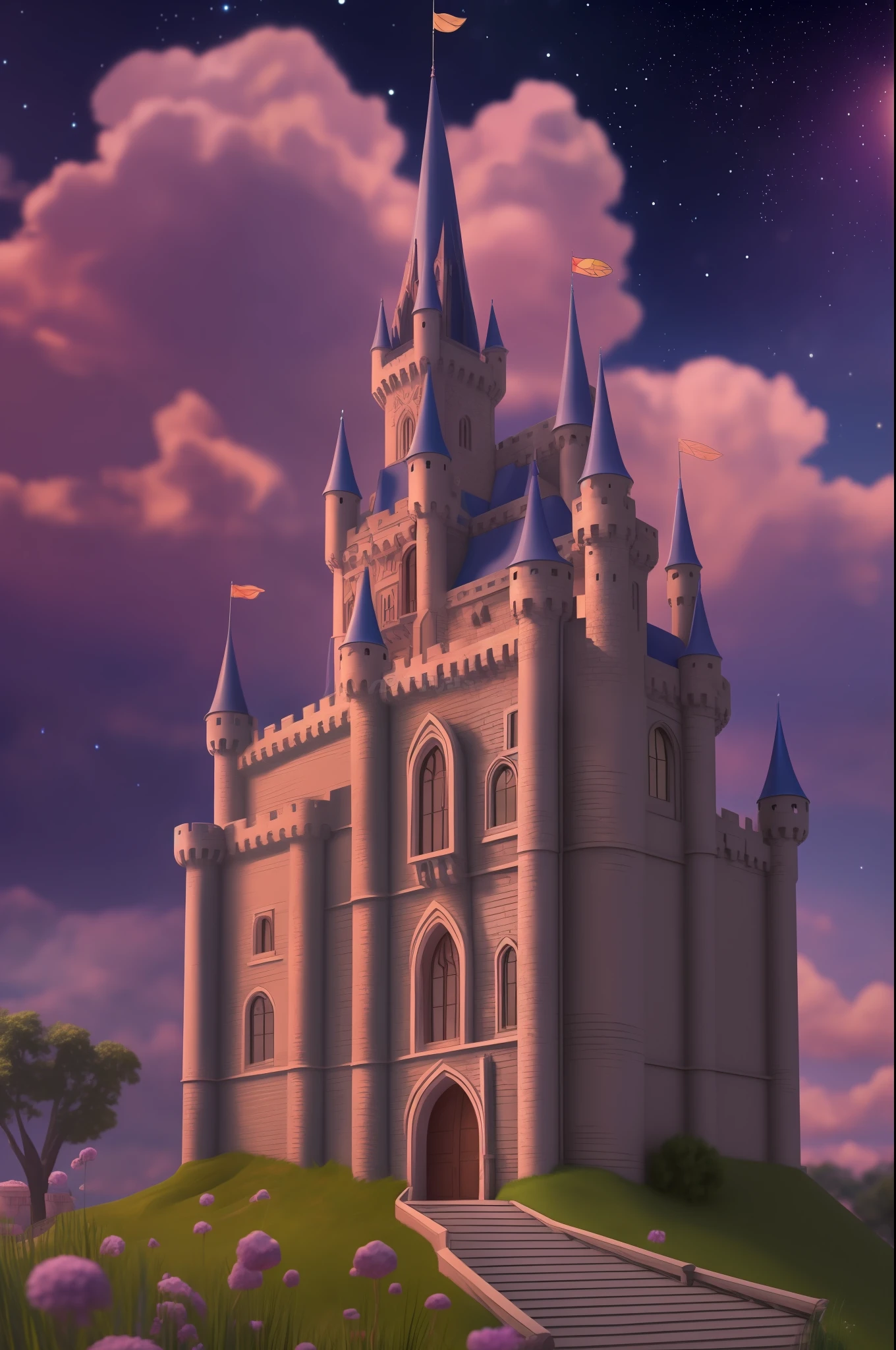 Illustration of a Fairy full body, brown hair, long dress, facing a castle, Pixar rendered on dark starry background, 16k, highly rendered, Barbie doll style. --auto --s2