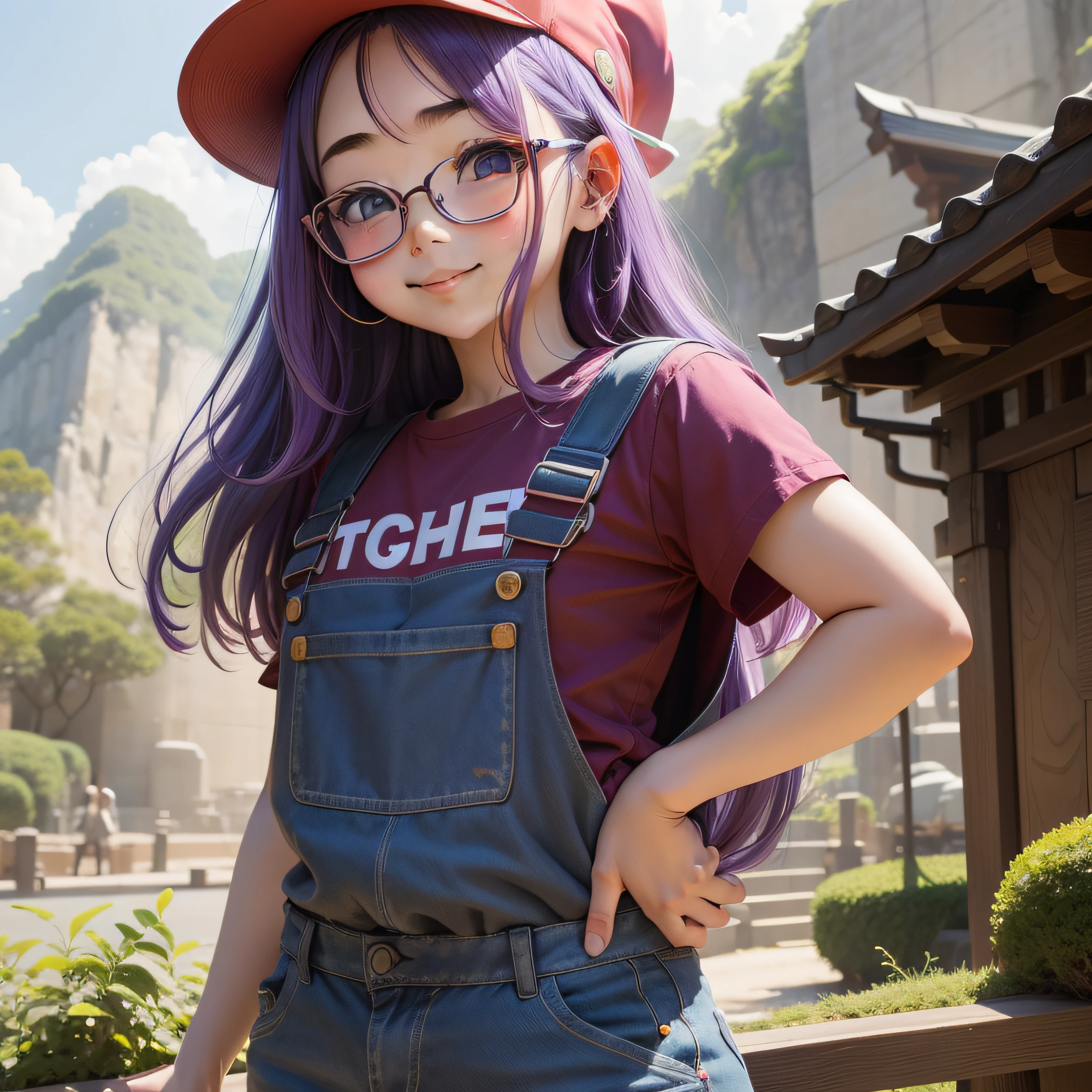 Raise your right arm、Show your right palm、Hair is bright purple、a smile、kawaii、eyes are large、cheeks are a little red