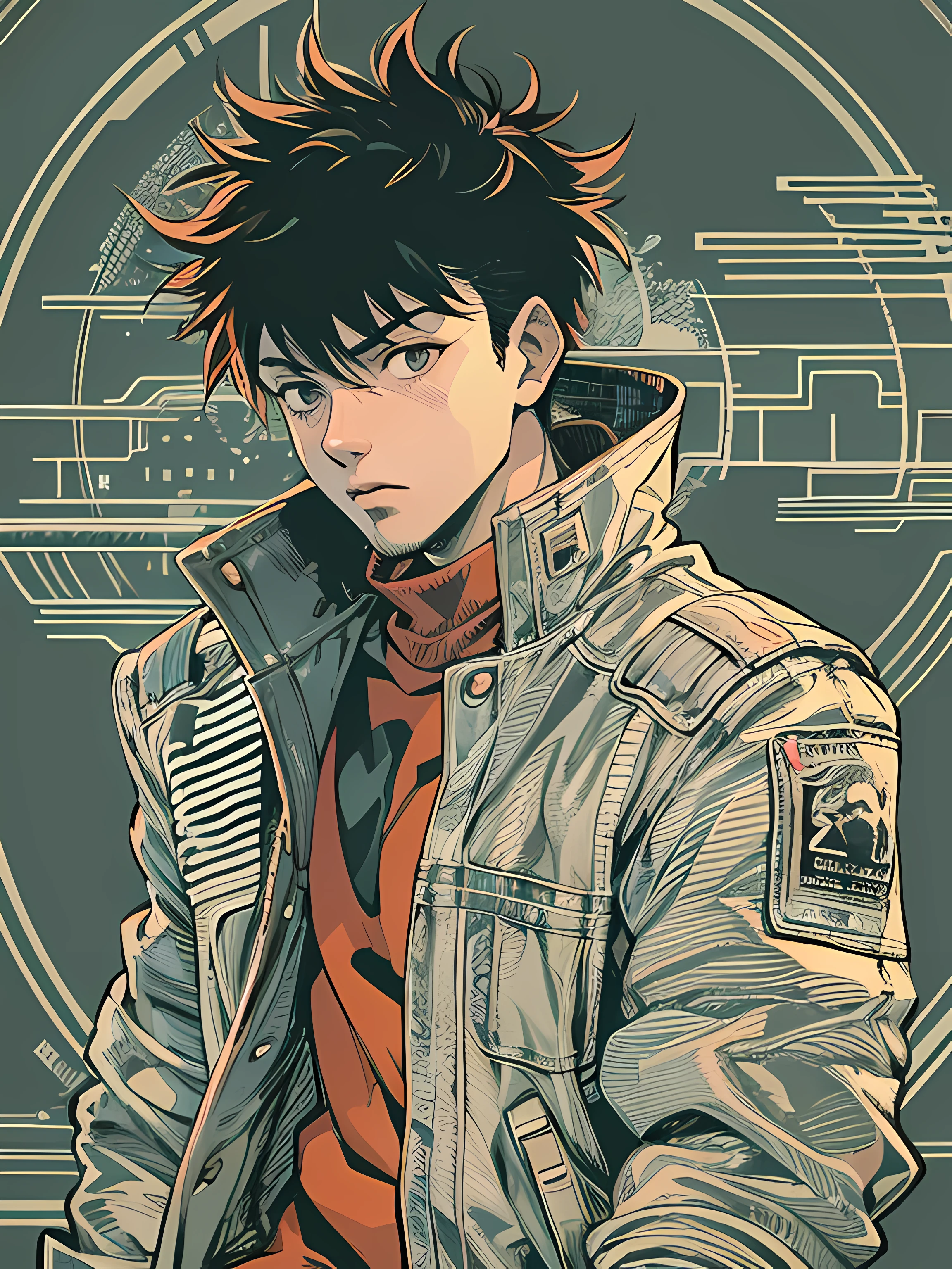 anime - style illustration of a anime guy, akira style illustration, akira art style, 8 0 s anime art style, in the style of akira, digital cyberpunk - anime art, akira artstyle, cyber space cowboy, 8 0 s anime style, akira vibes, in neo tokyo, akira color palette, futuristic tetsuo, Pop Art, masterpiece, accurate, Poster, anatomically correct, hand drawn, simple lines, tshirt design, vector art, illustration, digital art, anime style, magazine style, light grey hair color, background in print, 4K UHD
