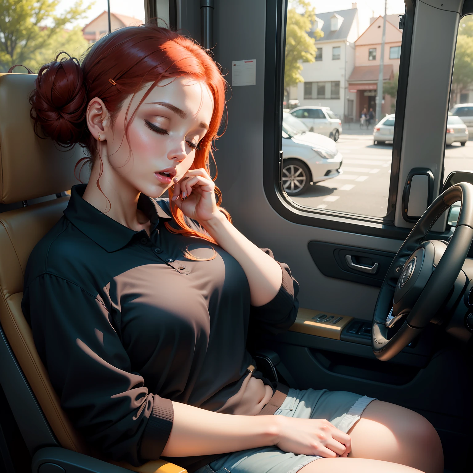 1 beautiful woman, sleeping with her mouth open, lips open, sleeping sitting on the bus seat, red hair, all hair tied up with a hair clip in a single bun, black long-sleeved polo shirt with little gold circles on the shoulders, wide neckline polo shirt, blue bag, curvy woman; chubby woman, outlined eyes, jean pants, eyes closed, head resting on the seat, sitting near the window, head raised up with open mouth, eyes closed