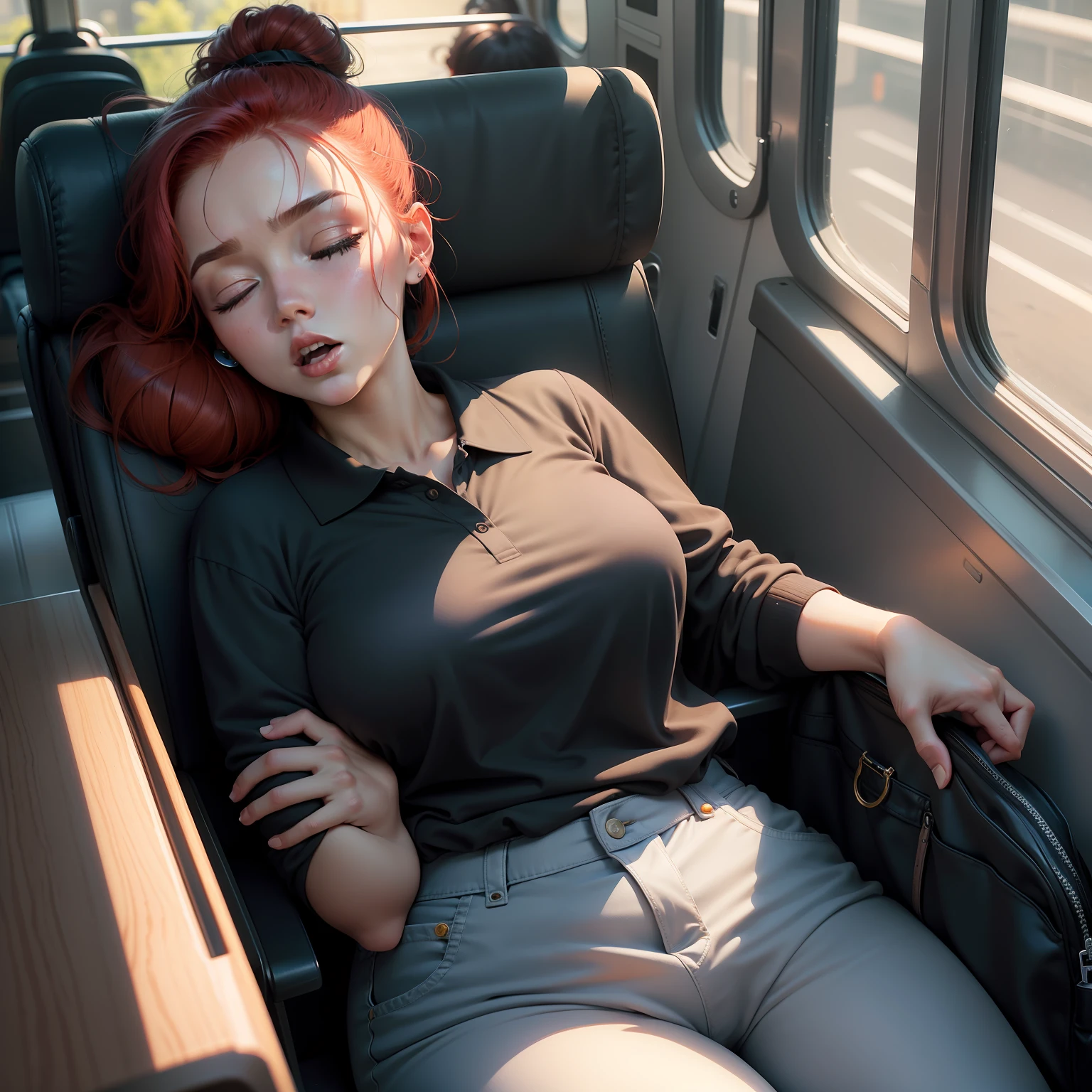 1 beautiful woman, sleeping with her mouth open, lips open, sleeping sitting on the bus seat, red hair, all hair tied up with a hair clip in a single bun, black long-sleeved polo shirt with little gold circles on the shoulders, wide neckline polo shirt, blue bag, curvy woman; chubby woman, outlined eyes, jean pants, eyes closed, head resting on the seat, sitting near the window, head raised up with open mouth, eyes closed
