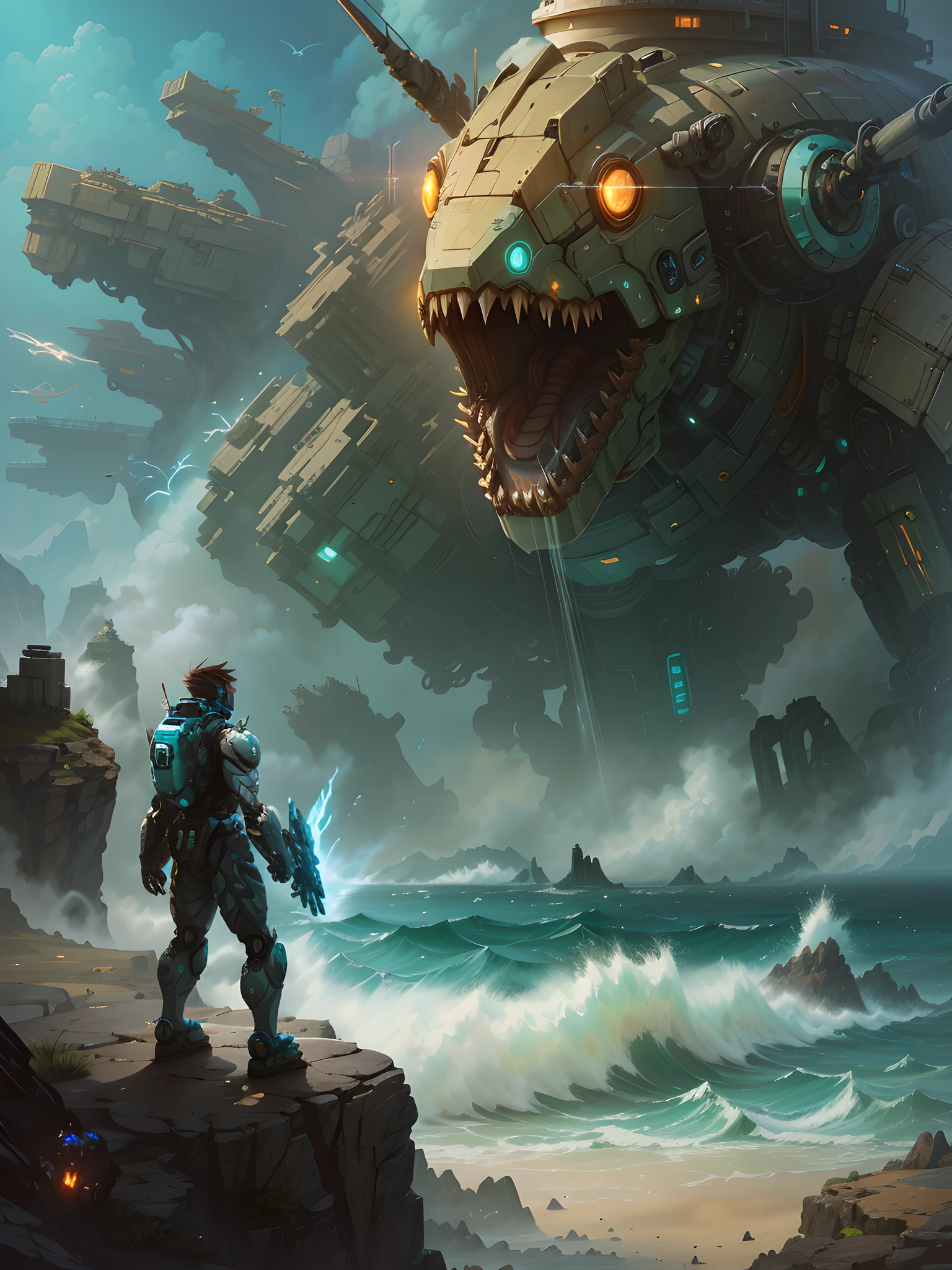 On the cliffs by the sea stands a huge robot, seapunk mecha, pacific-rim-mech in background, epic fantasy sci fi illustration, zoids art, wojtek fus, detailed game art illustration, android jones and rhads, detailed sci-fi art, greg rutkowski and krenzcushart, author:Jeremy Chang Surrealism, cinematic lighting, UHD, high quality, best quality, 16k