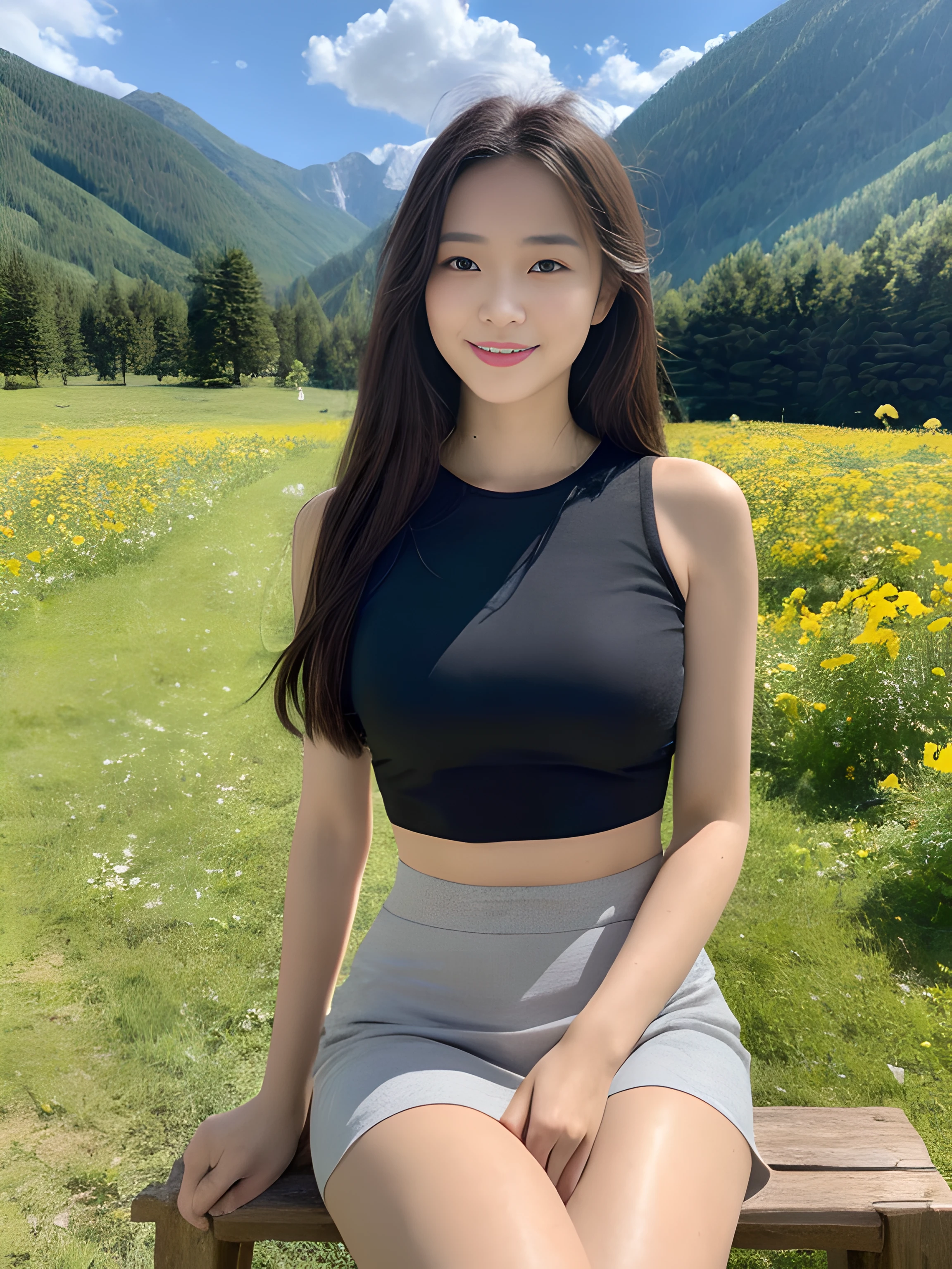 ((best qualtiy, 8K, tmasterpiece:1.3)),Focus:1.2, female high-school student，wooden cabin，（A look of determination）（adolable），delicated face，Long hair waist-length，long hair flowing，Tilt your head，ssmile，Hair details，Delicate Full Body Portrayal，Delicate depiction of the face，Best picture quality，A high resolution，细致背景，Delicate portrayal，exquisitedetails，Rich in detail，Facial strengthening，(Black crop top with crop top，short  skirt)，with blue sky and white clouds，Sitting Among the Flowers，wooden cabin，There are no bags under the eyes