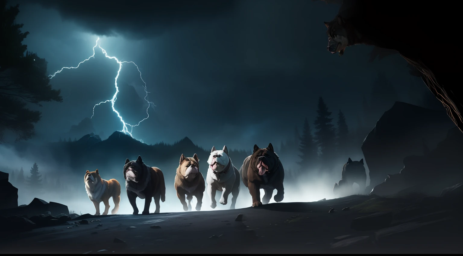 bulldog, wolf, and ravens, all together, coming out of a cave, dark forest, lightning in background, high quality,