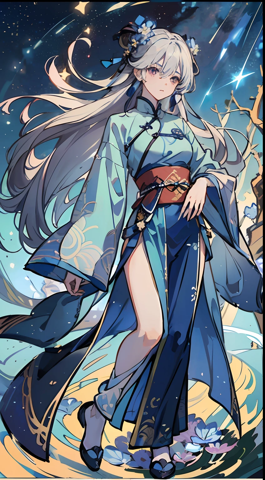 The sky is full of stars,sliver long hair,Blowing in the wind,Light blue Chinese style Hanfu,,(((8K分辨率,Works of masters,Shock composition,Full body photo)))A starry sky,Endless flowers and trees