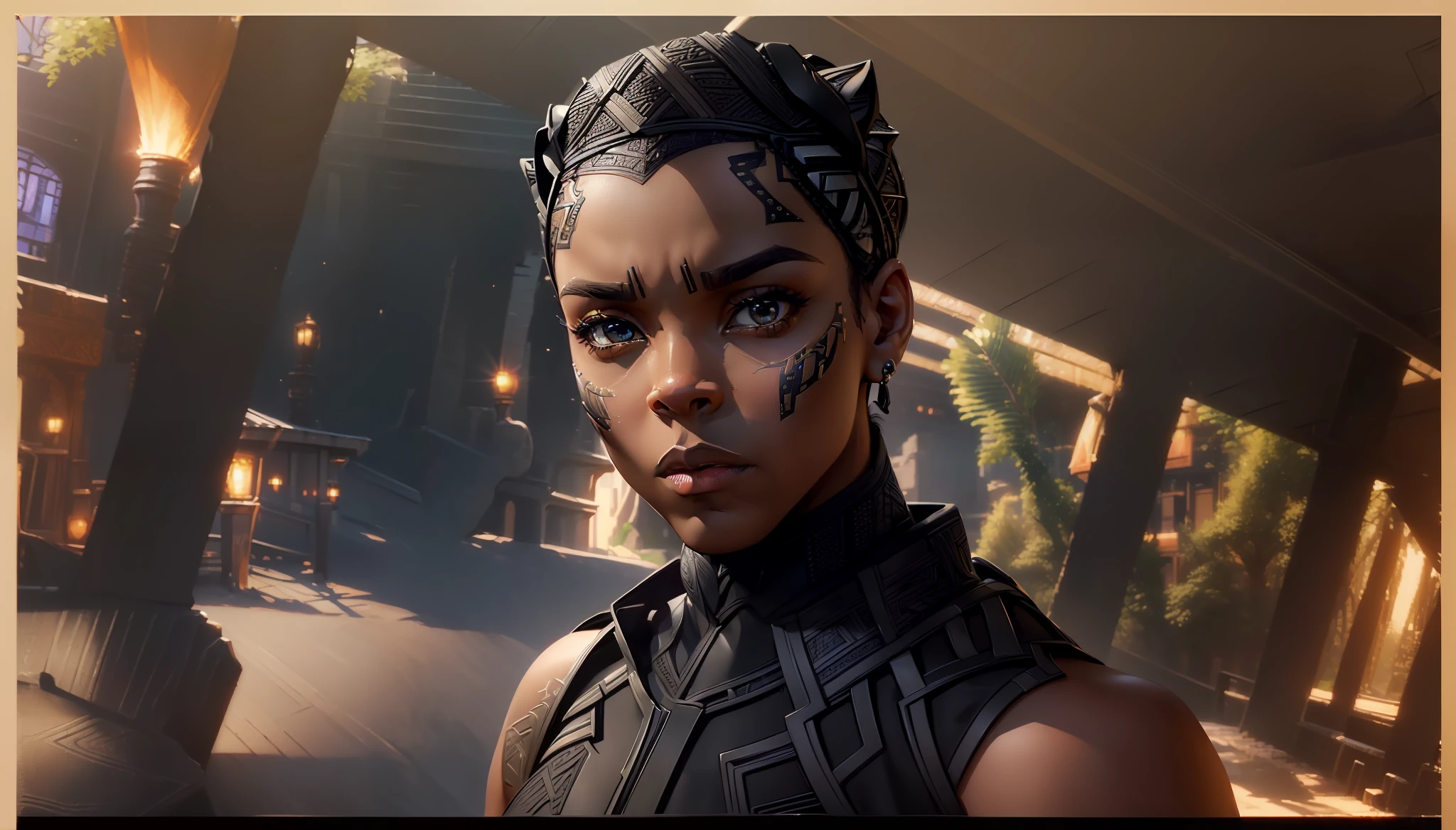 ((Top Quality, 16k, Masterpiece: 1.3), (Ultra detailed face,(background change wakanda, (don't change face ), same face, black panther dress, realistic