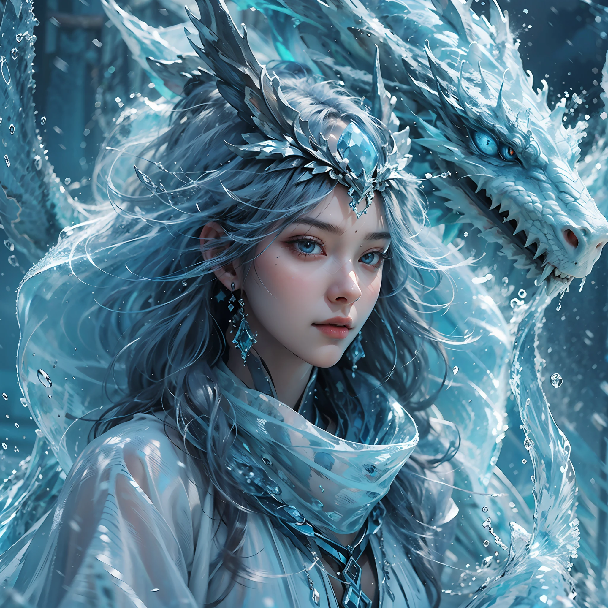 (((1girll)))，Imperial water，A magician，（Loose dress：1.5），（Perfect facial features：1.4），（Blue silk robe），（Mysterious magic formations：1.2），((ice Dragon))，（Ice crystal scales），Blue glow，（Frost wings），Powerful ice magic，Icicles，Towering over the landscape，Blue light cold light，Ice storms，Wind，Flying snow ice and snow，Amazing results，,best qualityer,tmasterpiece,超高分辨率,finely detailled,Complicated details,8K分辨率,8KUCG wallpaper,hdr,water blue,Magic Array,Cinematic lighting effects,lightand shade contrast，Ray traching、NVIDIA RTX