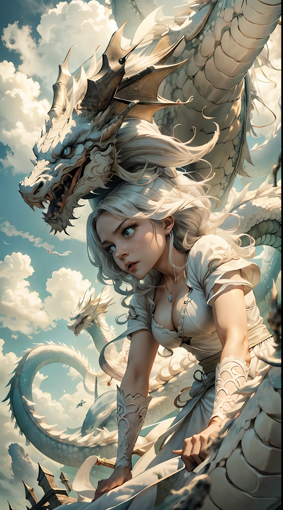 Look from the bottom up,Cloud background,has cleavage(A woman who is)Wearing a white robe,Stand with a sword in hand(A white dragon)Front,