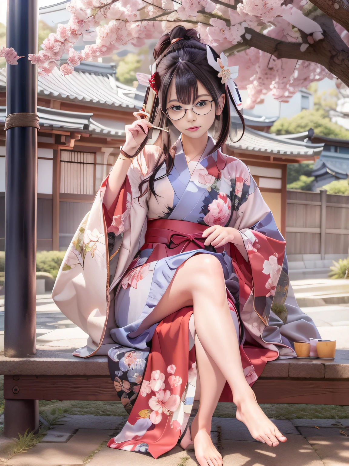 Alafi in kimono sitting on a bench at a bus stop,Snapshots, Holding a smoke pipe in your right hand,Red amaryllis hairpin dense on the head,traditional japanese, in a kimono, Red kimono, japanese kimono, Red kimono with cherry blossom pattern, Wearing kimono, A Japanese style, A Japanese Lady, Wearing a kimono, classy yukata clothing, bath robe,Street,Under the streetlight,Streetlight, Black Long Hair, in a kimono, Komono, Japanese Models, wearing royal kimono, ,Thin leg,skinny thigh,goddess of Japan,Small breasts glasses,