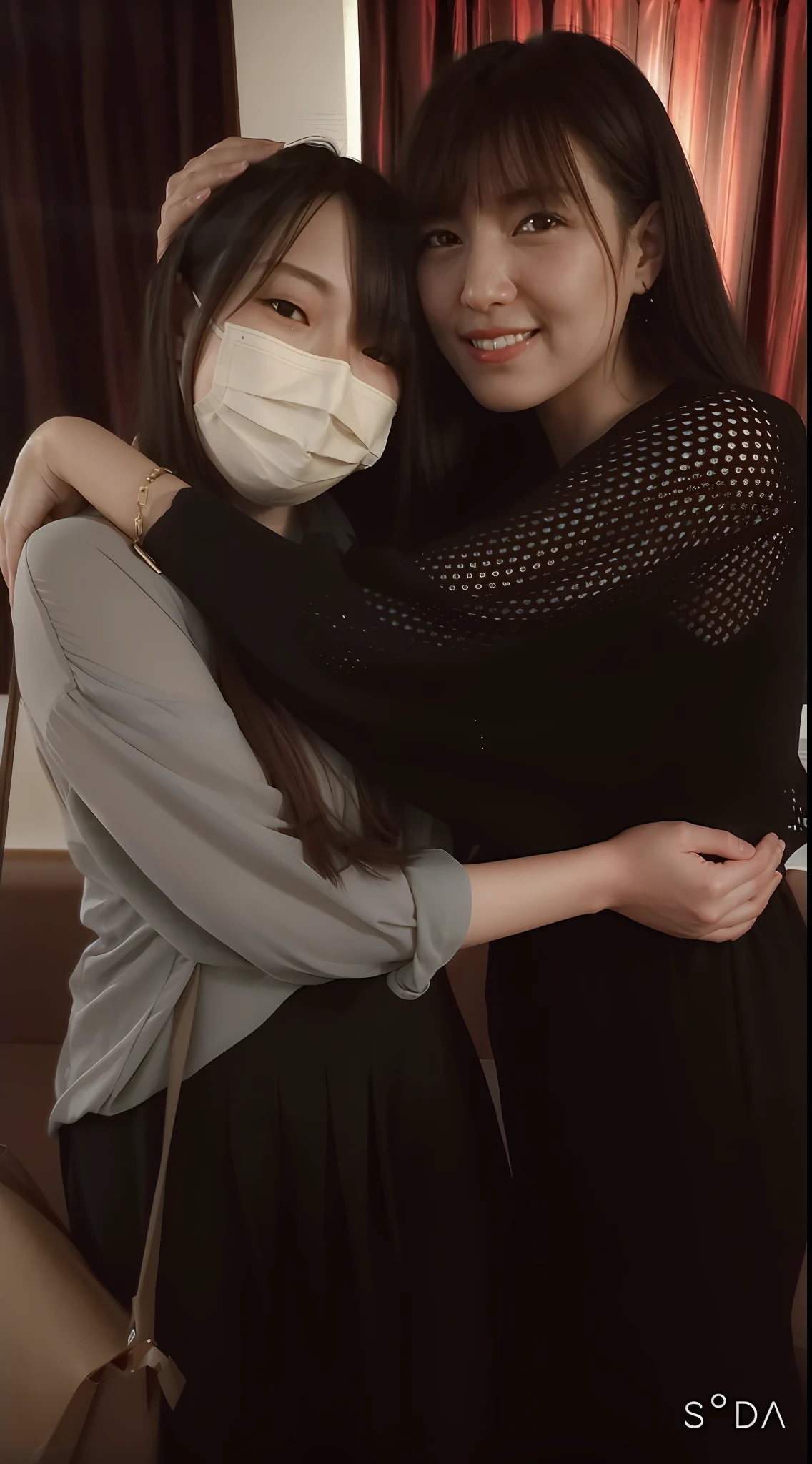 Two women hugging each other in a room with red curtains, taken with a canon eos 5 d, taken with canon eos 5 d mark iv, taken with a canon eos 5 d, taken with a canon eos 5d, from 8 k matte, taken with canon 5d mk4, ayami kojima and lyde caldwell, Woman embracing another woman, partially masked