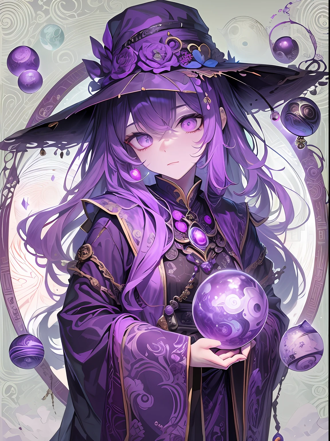 Taboo knowledge,The purple robe is printed with yin and yang gossip,Purple eye,mistic,Mysterious pattern,crystal sphere,magia,Purple colored hair,a beauty girl。