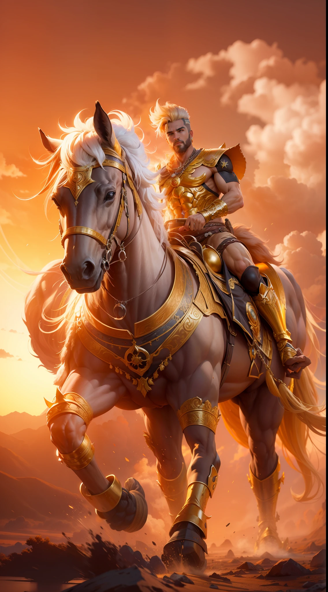 Ultra resolution 8K, (Mythological character), (Apolo en su carro dorado surcando los cielos al amanecer), carro de caballos dorado, surcando los cielos muy detallado, (Personaje masculino).