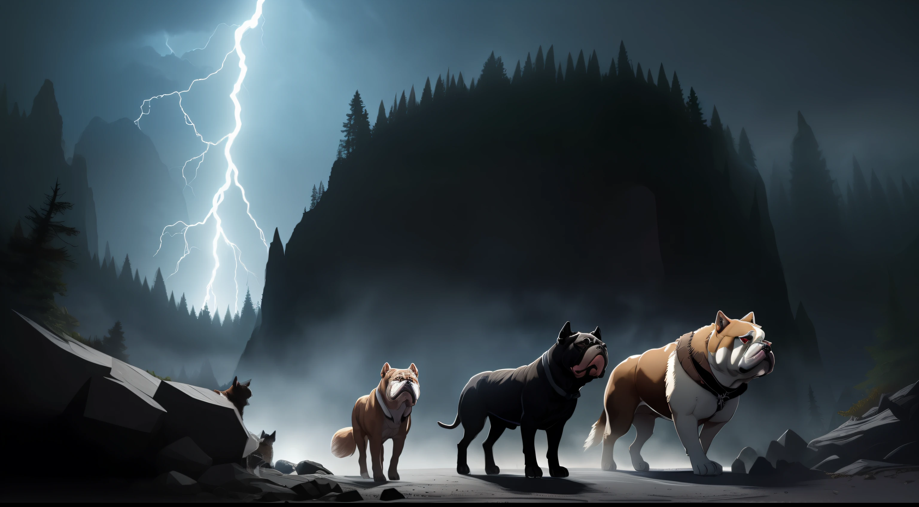 bulldog, wolf, and ravens, all together, coming out of a cave, dark forest, lightning in background, high quality,
