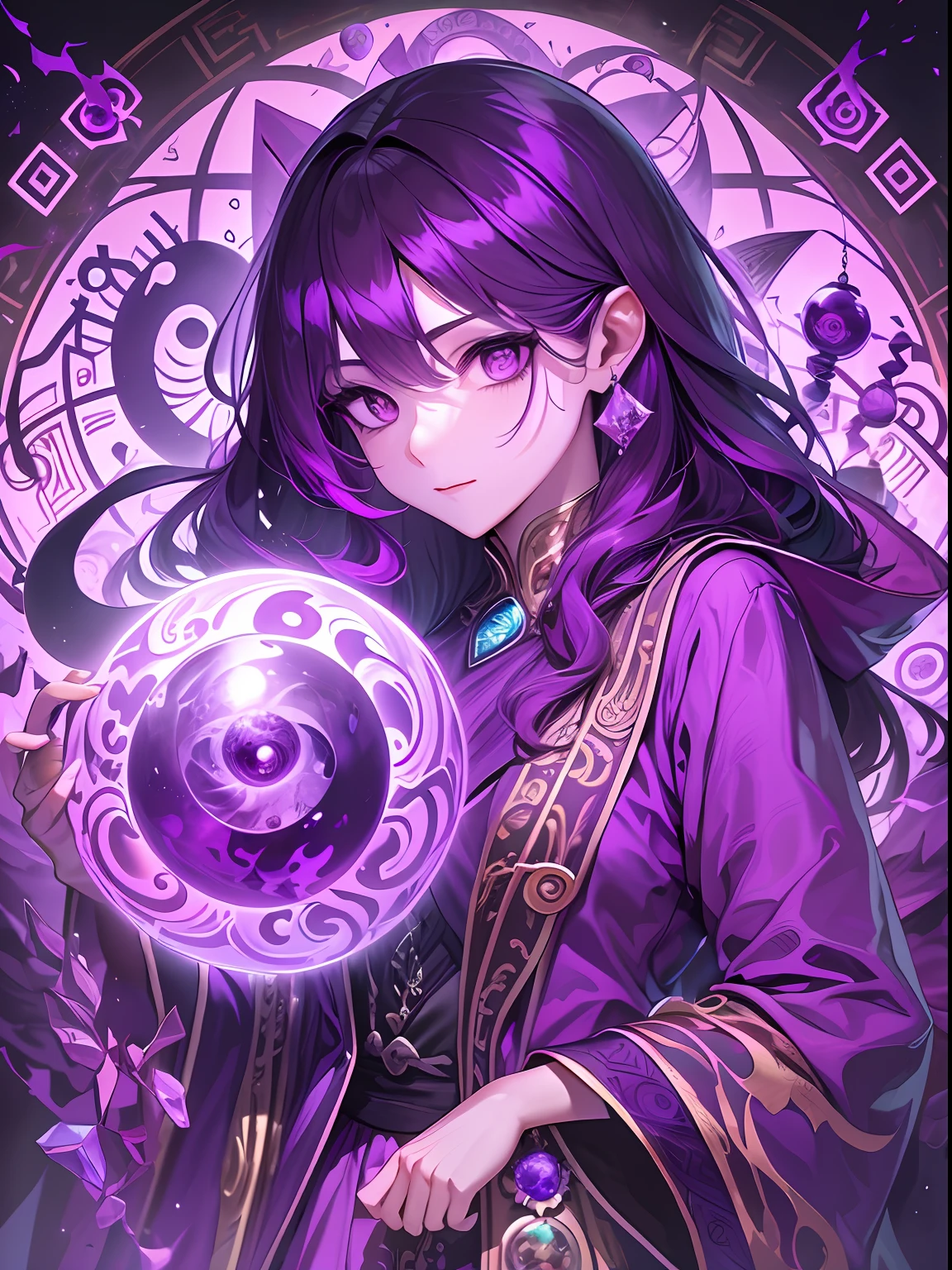 Taboo knowledge，Purple robe，Yin and Yang Bagua Pattern，Purple eye，Mysterious pattern，crystal sphere，magia，Purple colored hair，a beauty girl