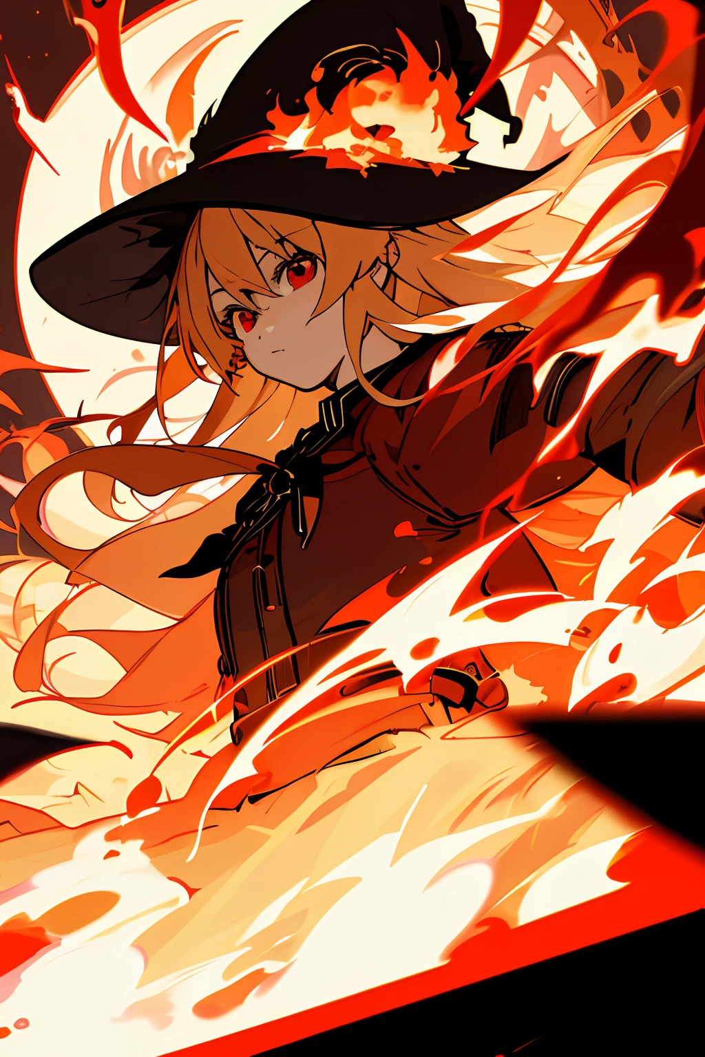masterpiece, best quality, ultra-detailed, illustration, 1girl,upper body,
high contrast, chromatic aberration, limited palette
magnificent, witch hat, red eyes, blonde hair, red beam, red effects, chaos, long hair, skirt, surrounded by flames, dynamic pose
city, dusk, runis