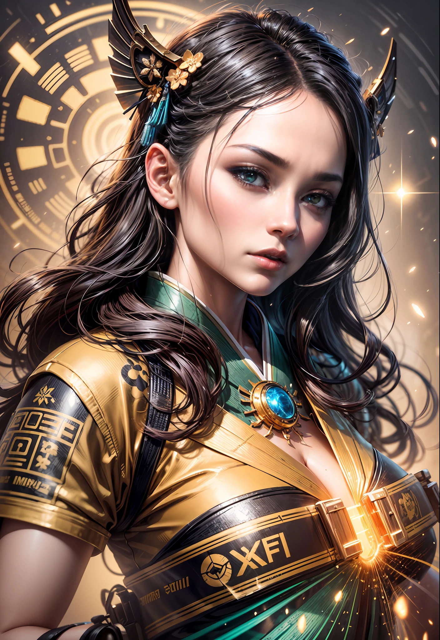 Hyperrealism detailed bio-fi genetic geisha transcendence belle Navigator, apical fashion, perfect face shading, ww2 combat helmet, aesthetics, light vanta black copper coating, blazing gold gloss, connecting glowing flowing hair, QR-Code Glyphs, radio active prismatic molecules, soft impressionist brush strokes, subtle sublime color, tight crop, muted colors, portrait painting, action pose, fill the whole picture, rich hyper details, vivid global light, 3D pristine 8K sleek, perfect inventor composition, realistic impressive shadow shading, WLOP, professional ominous concept art, an intricate, elegant, highly detailed digital painting, concept art, smooth, sharp focus, illustration, in the style of Michael Parkes