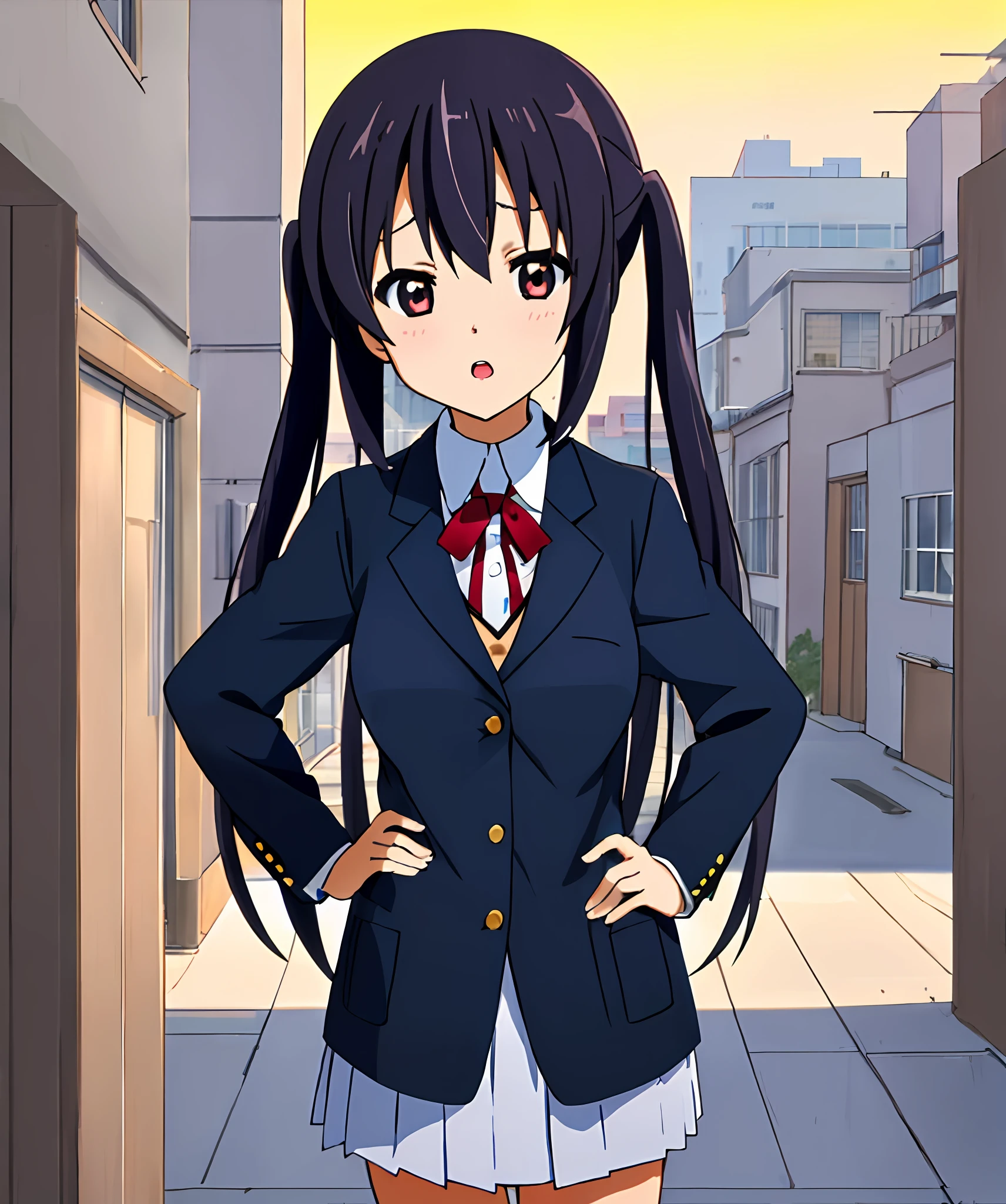 1girl, (((masterpiece))), top-quality, top-quality, High Details, nakano azusa, 1girl, Sakuragaoka High School Uniform, student clothes, Twin-tailed, length hair, A dark-haired, brown-eyed, 独奏, reddish, Dark blue blazer with thin red ribbon, Solid white buttoned shirt under blazer, illustratio, comic strip, soothing tones, Subdued Color, Soft cinematic light, adobe lightroom, photolab, HDR, intricately and hyper-detailed、(((depth of fields))))。(((masterpiece)))。(((top-quality))).)((ultra-detailliert)))。(((illustratio)))。(((takeout))).dynamic focus.((big breasts)).(((Skyscrapers))).(((A city scape))).(((Face of sadness))). open mouth.(((put hands on the hip))).(((up chest))).((evening glow)).((the setting sun)).