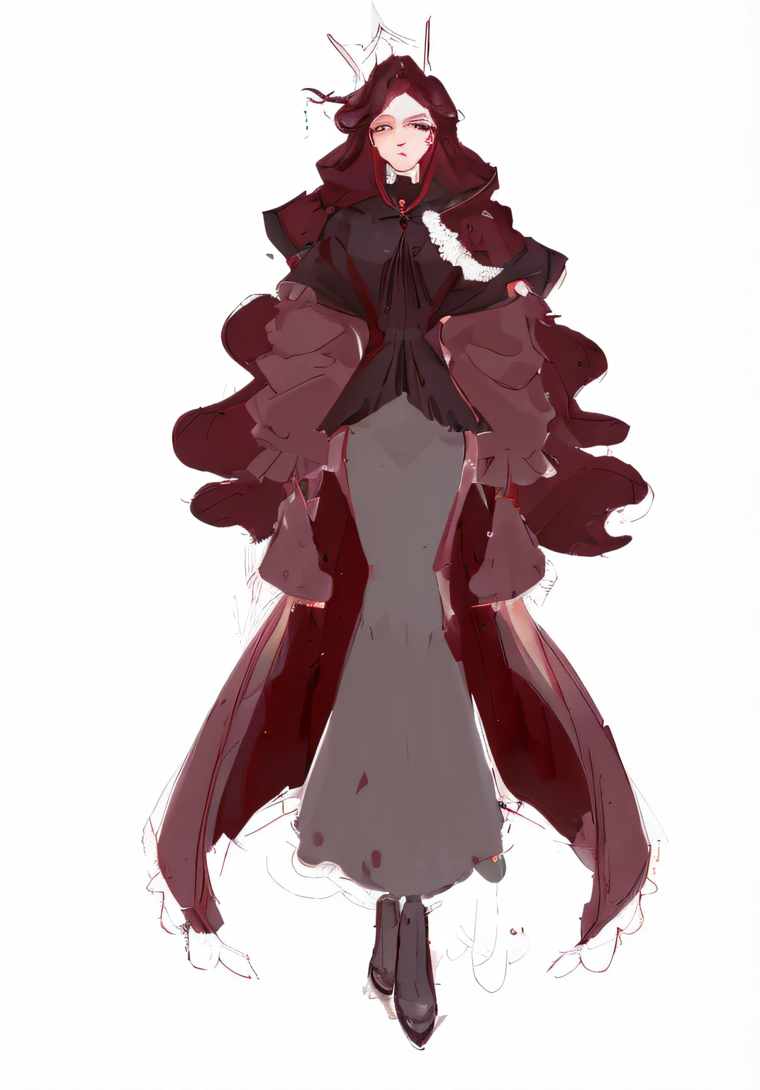 a close up of a drawing of a woman in a dress, full body concept, clothing design, ((wearing aristocrat robe)), clear outfit design, Full body illustration, full bodyesbian!, in a cloak with long hairs, [ Character design ], detailed full-body concept, full body portrait of a short!, ( ( wearing a long coat ) ), full body adoptable