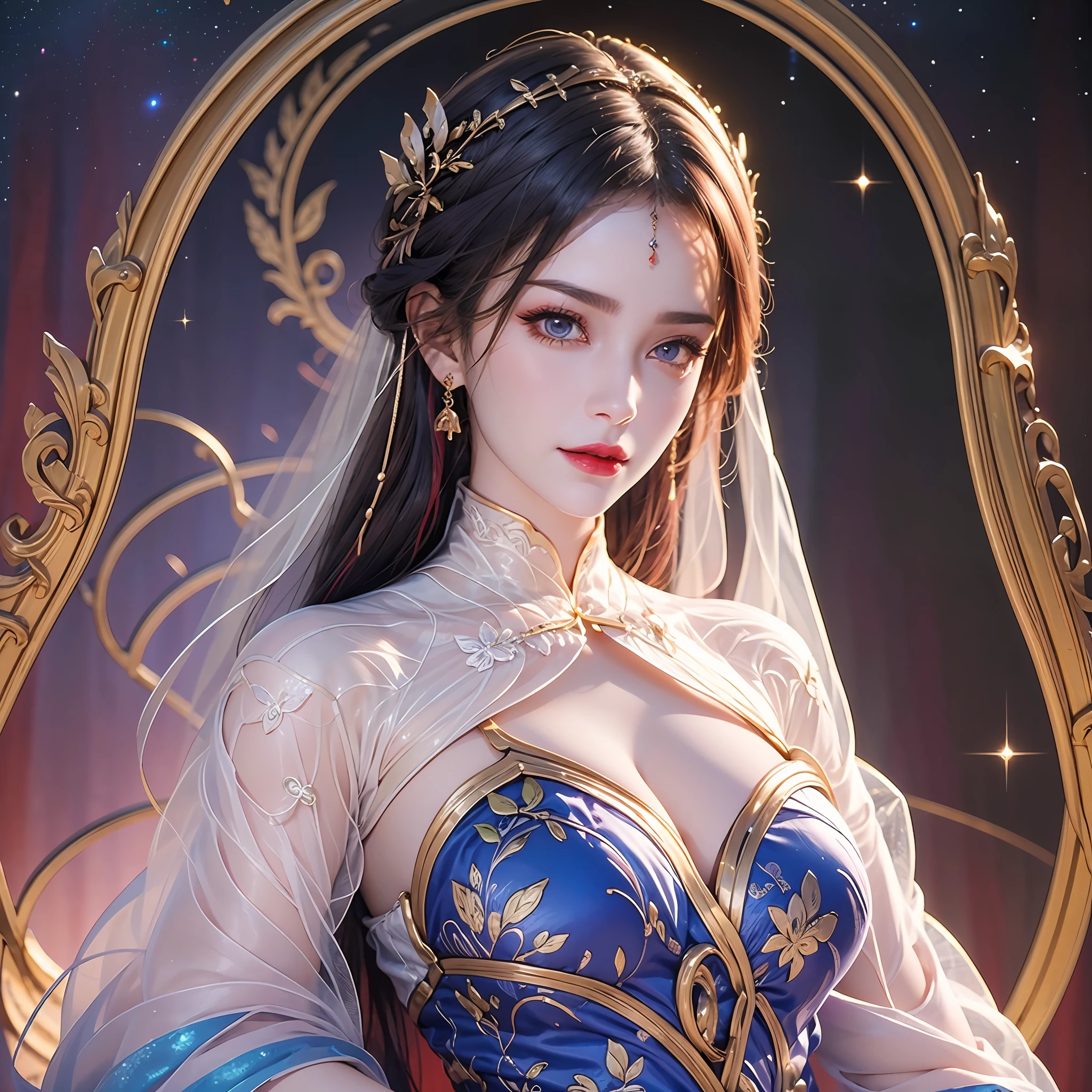 Portrait of a young 20-year-old saint, a saint with a beautiful and super cute face,wearing a very thin and sexy ao dai, beautiful cute face, Ao dai with a deep slit in the chest and attractive black and white lace trim, beautiful face without blemishes, Lovely smile, ((7-color hair length:1.2)), big crown, hair brooch, hanfu dress, chinese ancient style, full body jewelry, forehead tattoo, The female saint's breasts are round and very full, breast augmentation, innocent face, The most beautiful and detailed light red lipstick, ((Thin plump lips:0.3)), delicate pink and white eyes (white and detailed) cinematic, light and dark, dramatic lighting, magical light, extremely detailed light, true color, super sharp, realistic, 8k quality, saints and magical space, the most detailed images, Solo, a saintess, ((looking directly at the saint's upper body:0.4)), ((smooth skin:0.5)), ((universe background:1.2)), (outdoor:0.8),