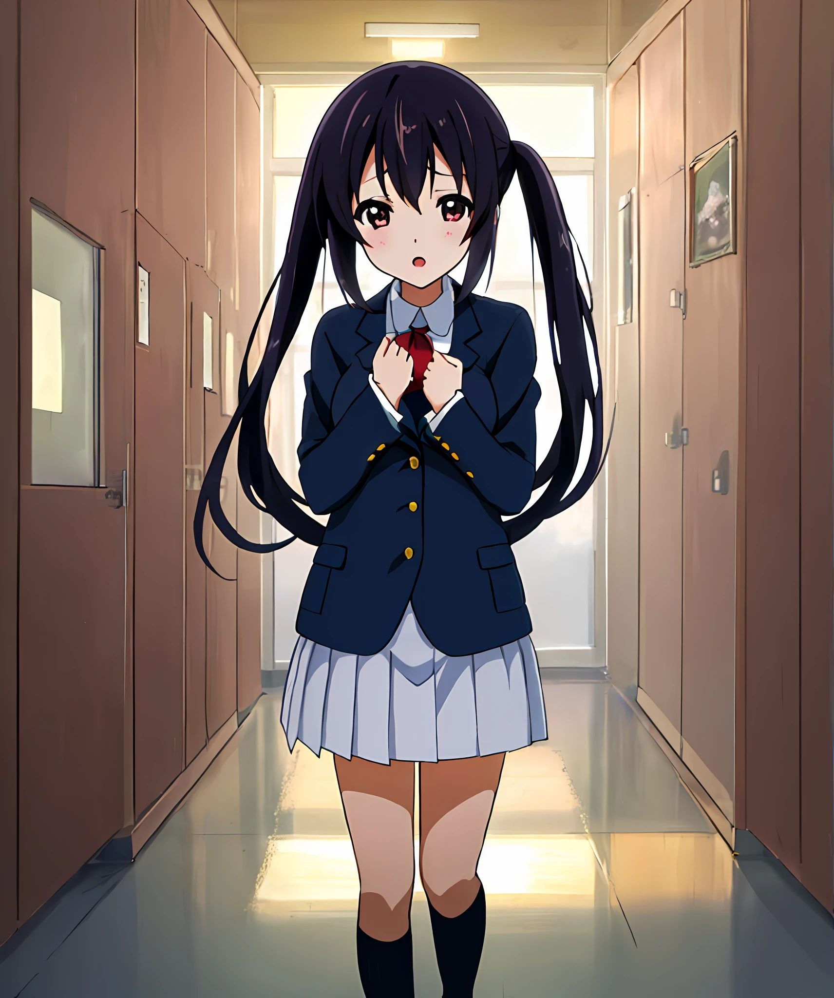 1girl, (((masterpiece))), top-quality, top-quality, High Details, nakano azusa, 1girl, Sakuragaoka High School Uniform, student clothes, Twin-tailed, length hair, A dark-haired, brown-eyed, 独奏, reddish, Dark blue blazer with thin red ribbon, Solid white buttoned shirt under blazer, illustratio, comic strip, soothing tones, Subdued Color, Soft cinematic light, adobe lightroom, photolab, HDR, intricately and hyper-detailed、(((depth of fields))))。(((masterpiece)))。(((top-quality))).)((ultra-detailliert)))。(((illustratio)))。(((takeout))).dynamic focus.((big breasts)).(((Skyscrapers))).(((A city scape))).(((Face of sadness))). open mouth.(((put hands on the hip))).(((up chest))).((evening glow)).((the setting sun)).