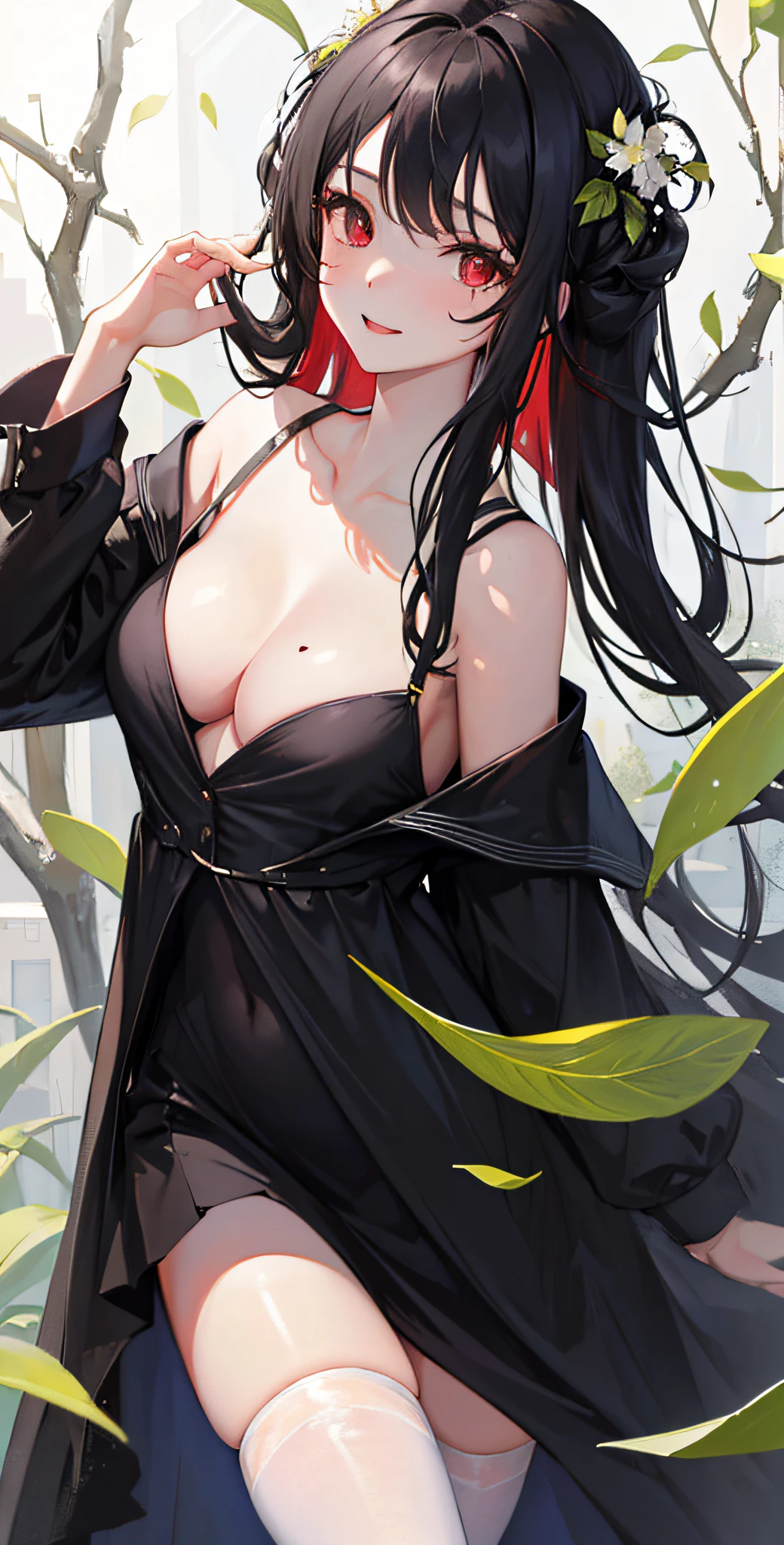 masterpiece,1girl,solo,((in_tree)),black_hair,long_hair,black_dress,collarbone,mole_under_eyes,light_smile,school_uniform,white_legwear,medium_breasts,off_shoulder,falling_leaf.flower,hair_ornament,red eyes