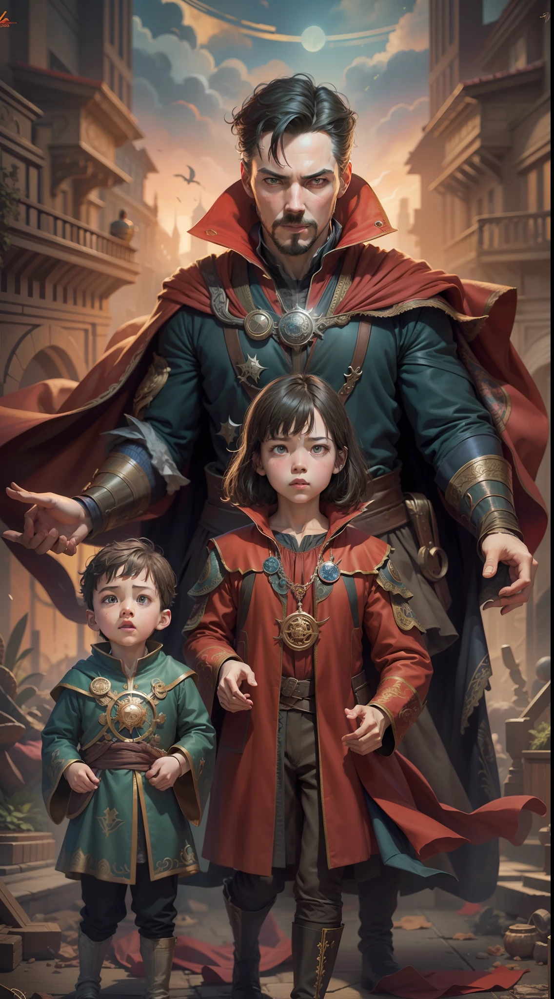 doctor strange with children, highly detailed digital artwork, high detailed colors, highly detailed digital art