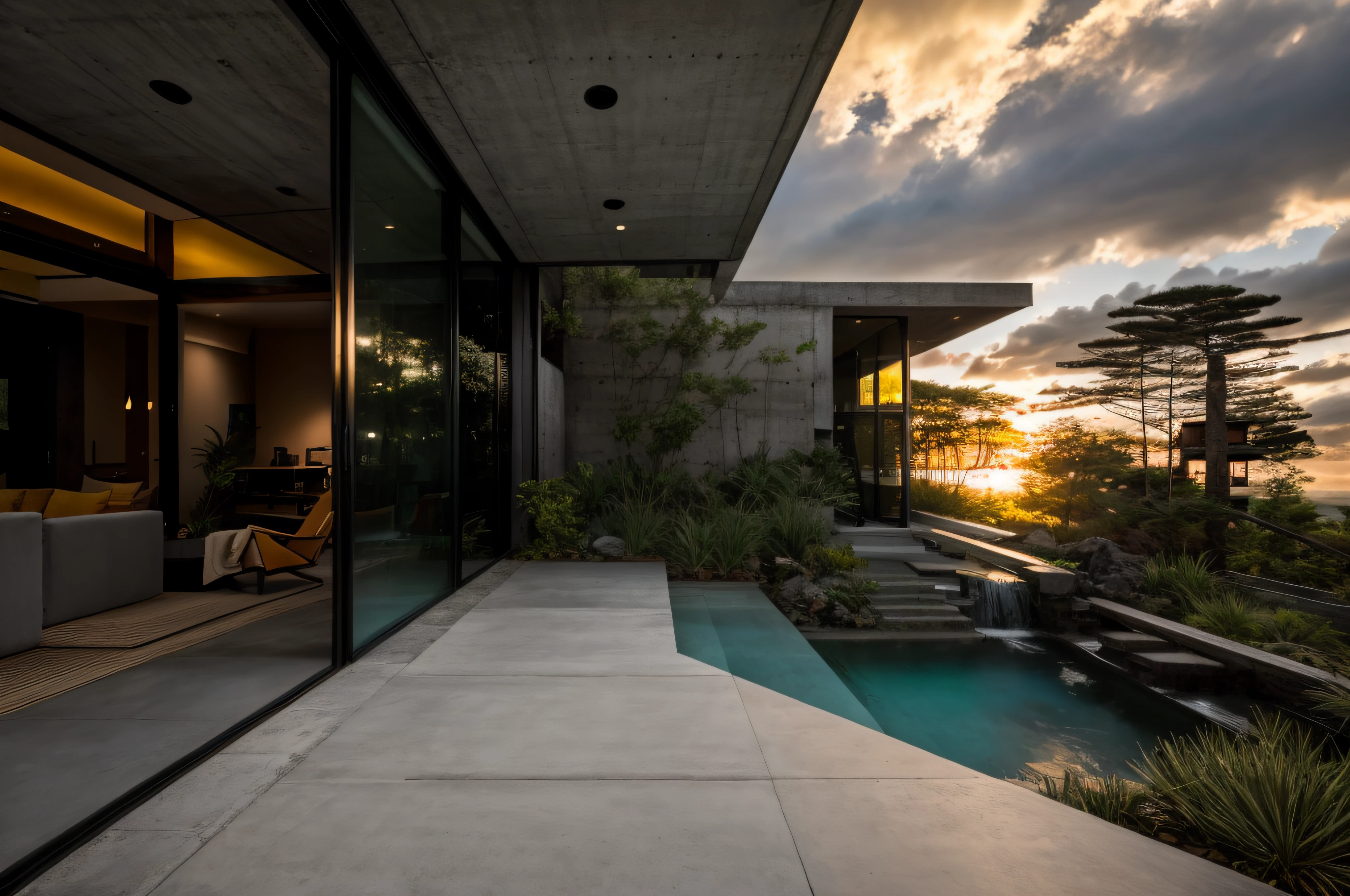 RAW photo, nature, epic futuristic, sunset, fade, warm, raw, hdr, traveler clothes, standing in the forest, natural skin, 8k uhd, high quality, film grain, Fujifilm XT3, cinematic, slate grey, dramatic light, architecture, villa, yellow lights, large sliding glass door, concrete, tropical, palm, bali, resort, concrete awning with downlights