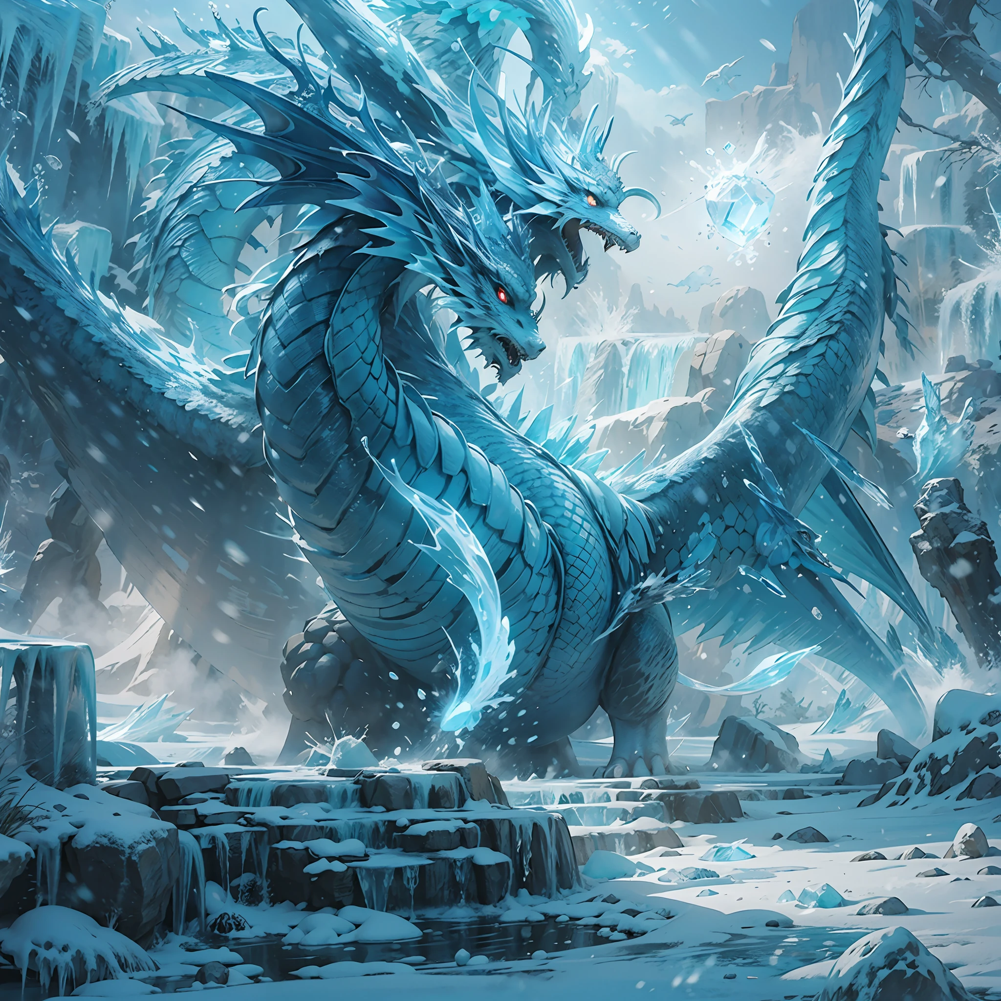 (((1girll)))，Imperial water，A magician，（Loose dress：1.5），（Perfect facial features：1.4），（Blue silk robe），（Mysterious magic formations：1.2），((ice Dragon))，（Ice crystal scales），Blue glow，（Frost wings），Powerful ice magic，Icicles，Towering over the landscape，Blue light cold light，Ice storms，Wind，Flying snow ice and snow，Amazing results，,best qualityer,tmasterpiece,超高分辨率,finely detailled,Complicated details,8K分辨率,8KUCG wallpaper,hdr,water blue,Magic Array,Cinematic lighting effects,lightand shade contrast，Ray traching、NVIDIA RTX