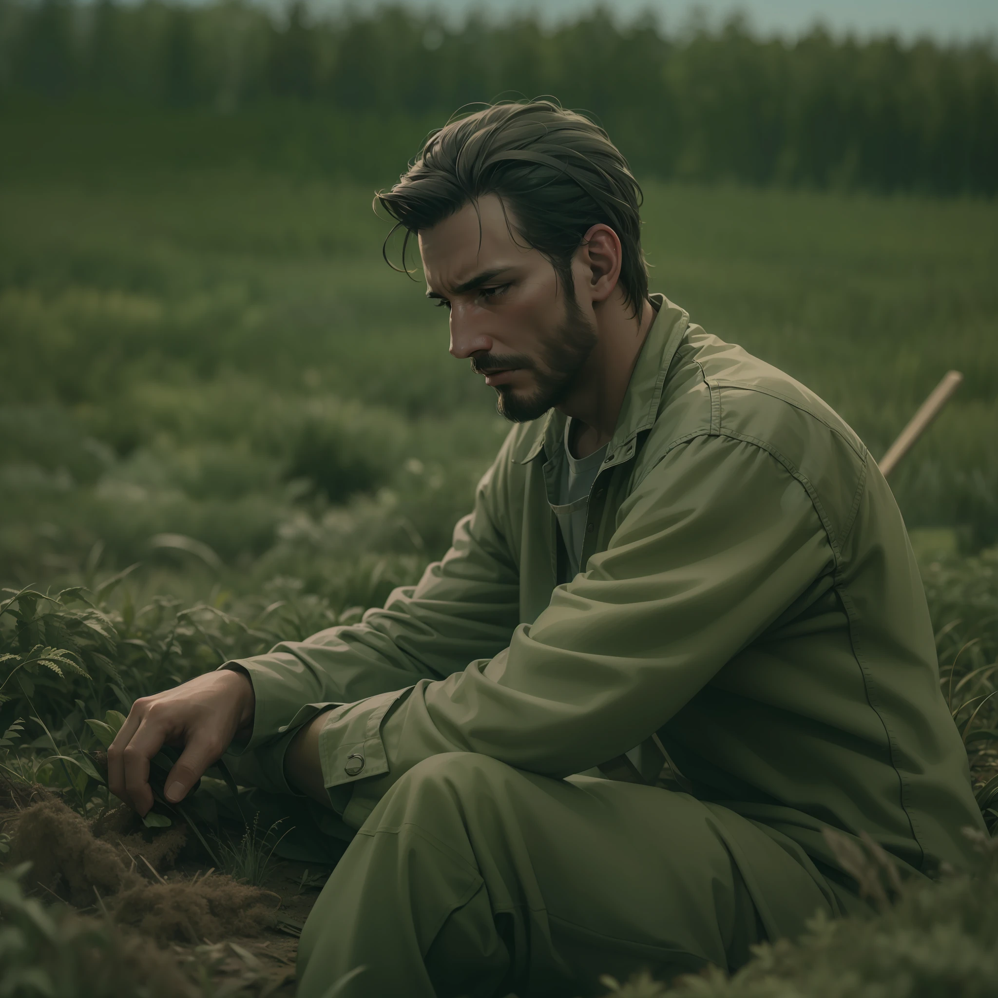 A man is working in the field and he is very tired, realistic, ultra realistic, ultra cinematic, ultra photo, photography